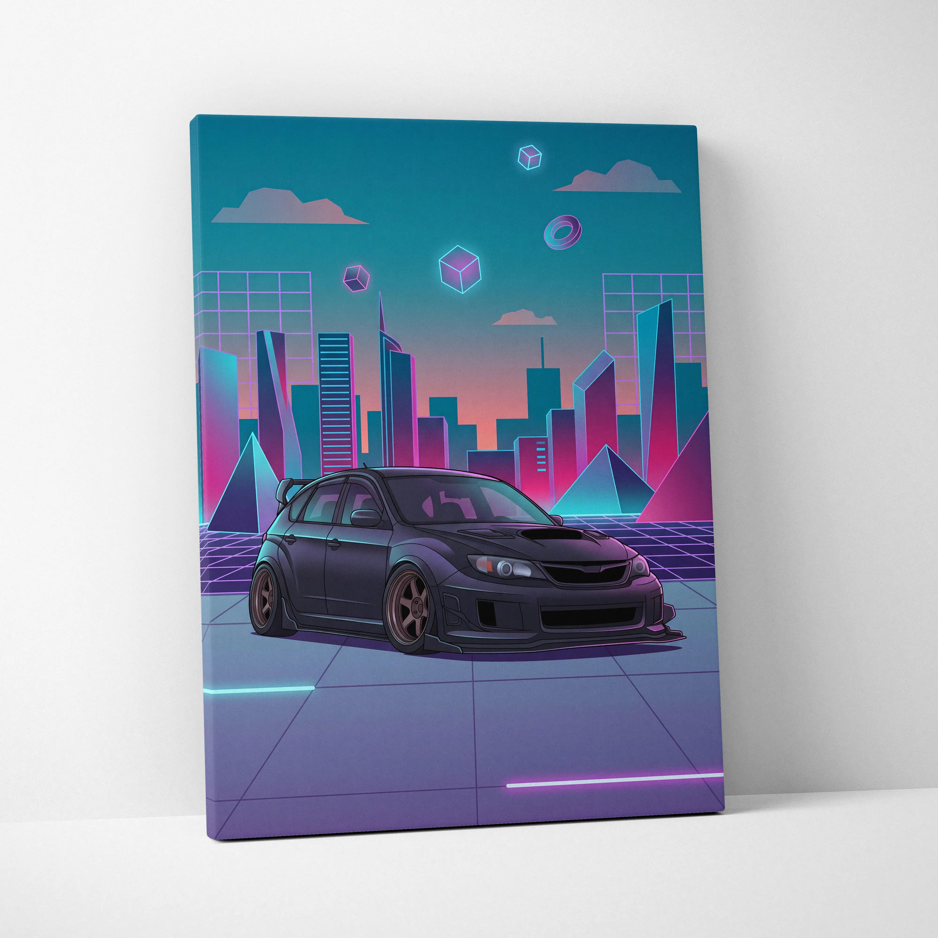 Subaru WRX STI Hatch Inspired, Neon Vaporwave City Canvas - City Pink Teal Living Room Vaporwave Nostalgia Wall Art Giclée Canvas