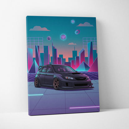 Subaru WRX STI Hatch Inspired, Neon Vaporwave City Canvas - City Pink Teal Living Room Vaporwave Nostalgia Wall Art Giclée Canvas