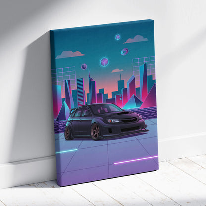 Subaru WRX STI Hatch Inspired, Neon Vaporwave City Canvas - City Pink Teal Living Room Vaporwave Nostalgia Wall Art Giclée Canvas