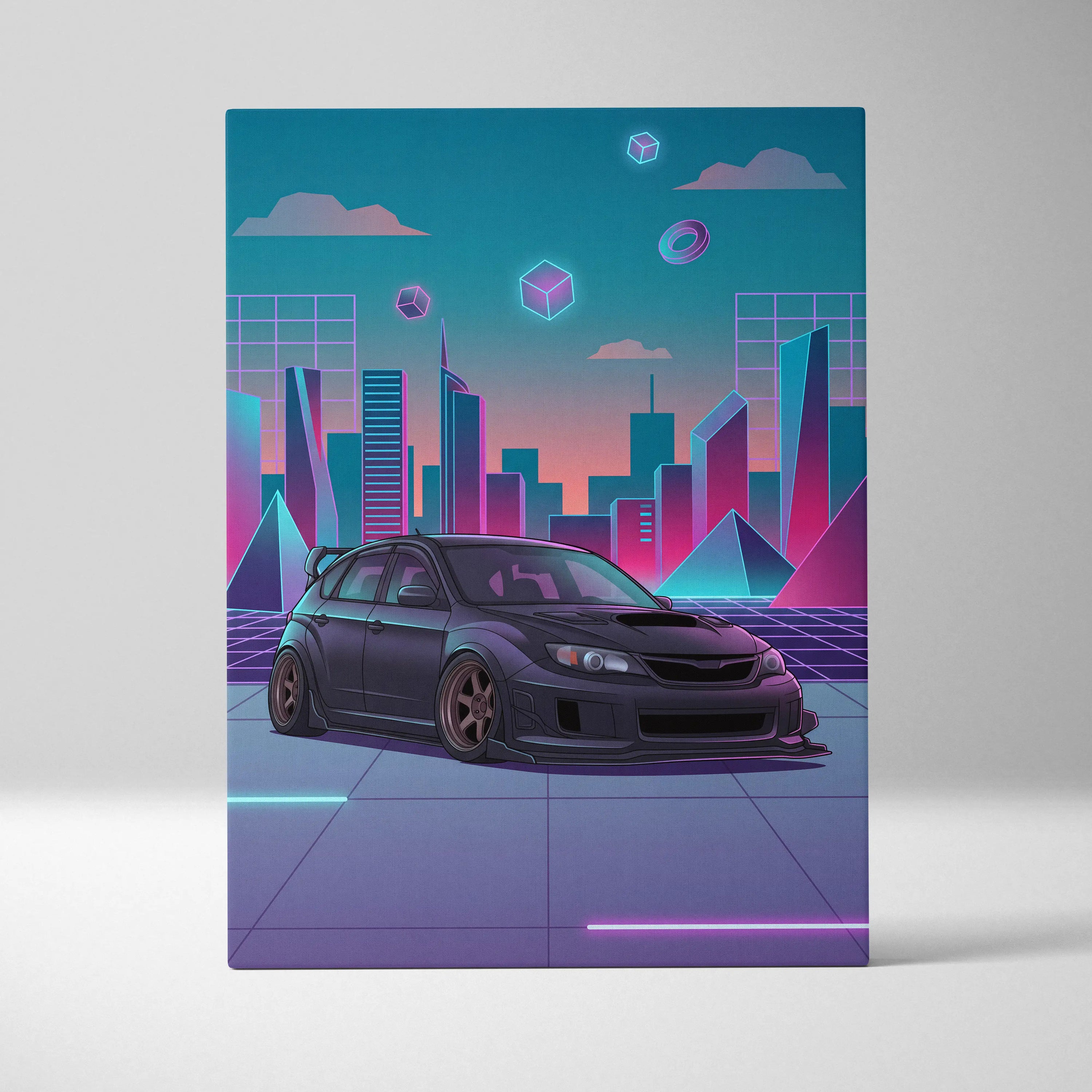 Subaru WRX STI Hatch Inspired, Neon Vaporwave City Canvas - City Pink Teal Living Room Vaporwave Nostalgia Wall Art Giclée Canvas