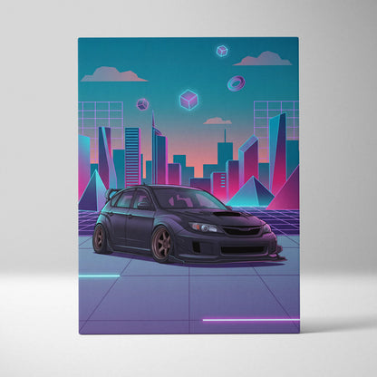 Subaru WRX STI Hatch Inspired, Neon Vaporwave City Canvas - City Pink Teal Living Room Vaporwave Nostalgia Wall Art Giclée Canvas
