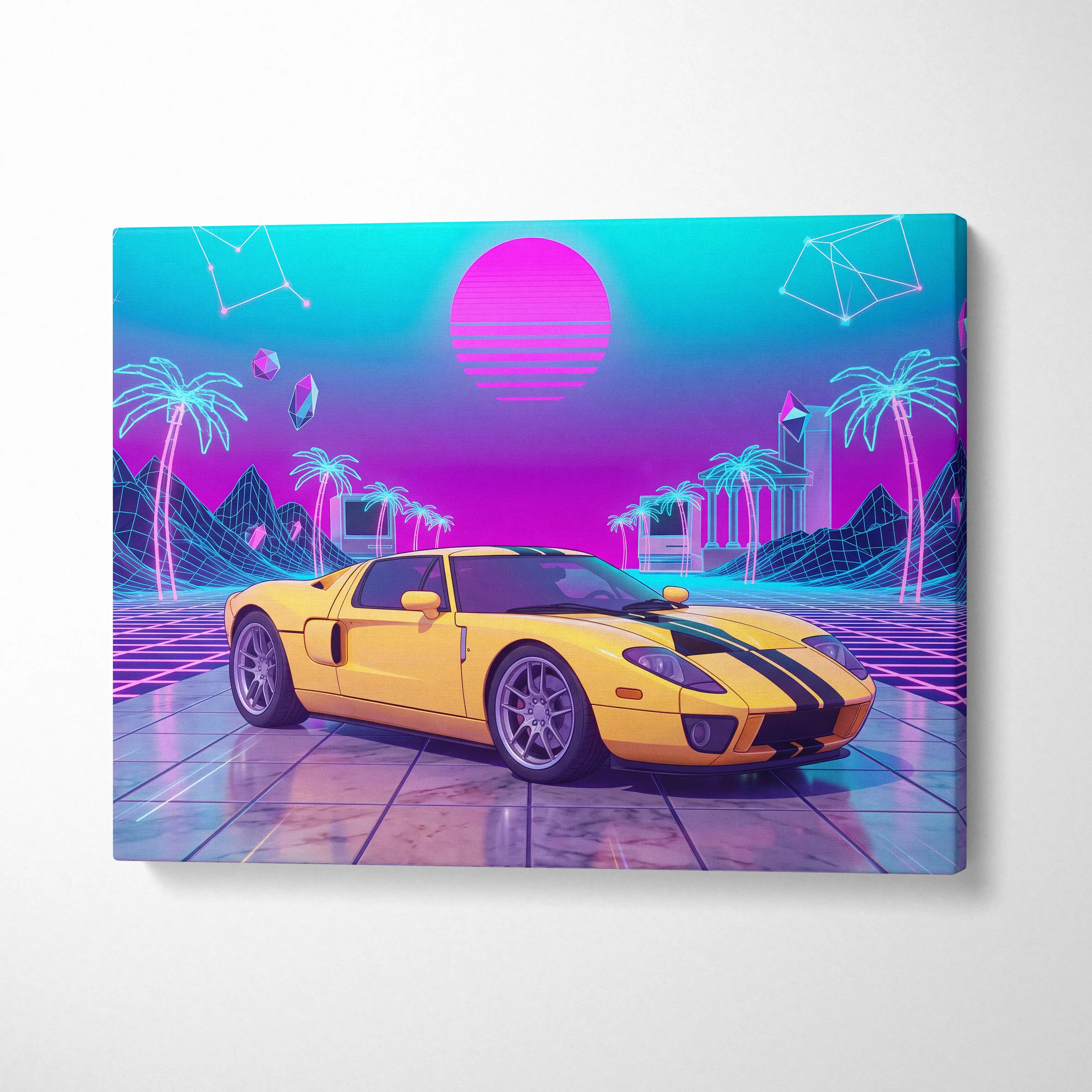 Ford GT inspired vaporwave canvas featuring a vibrant yellow sports car with black stripes in a neon retro-futuristic scene