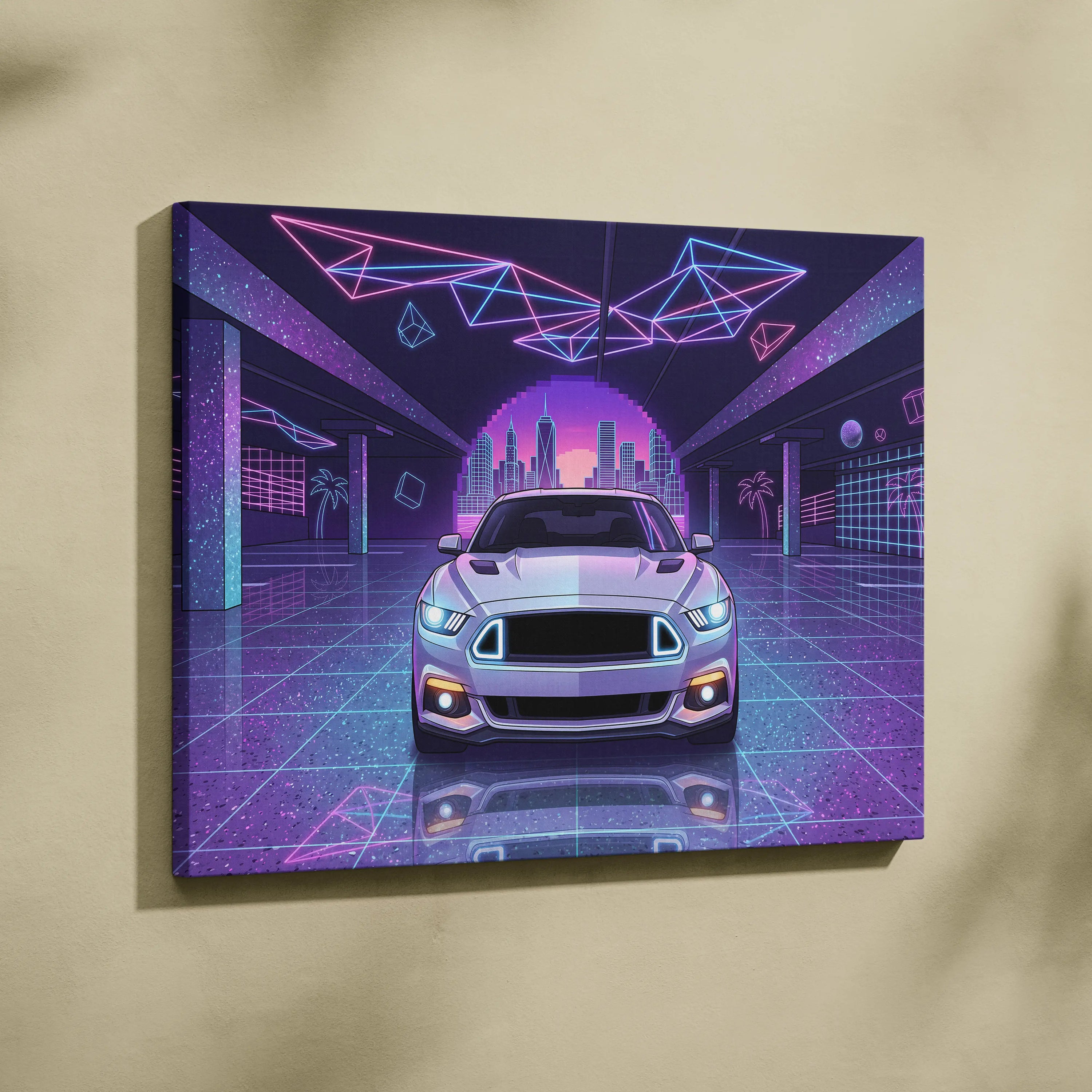 Ford Mustang Inspired Neon Vaporwave City Skyline - Vaporwave Neon Pink City Wall Art Mood Cyberpunk Canvas Print