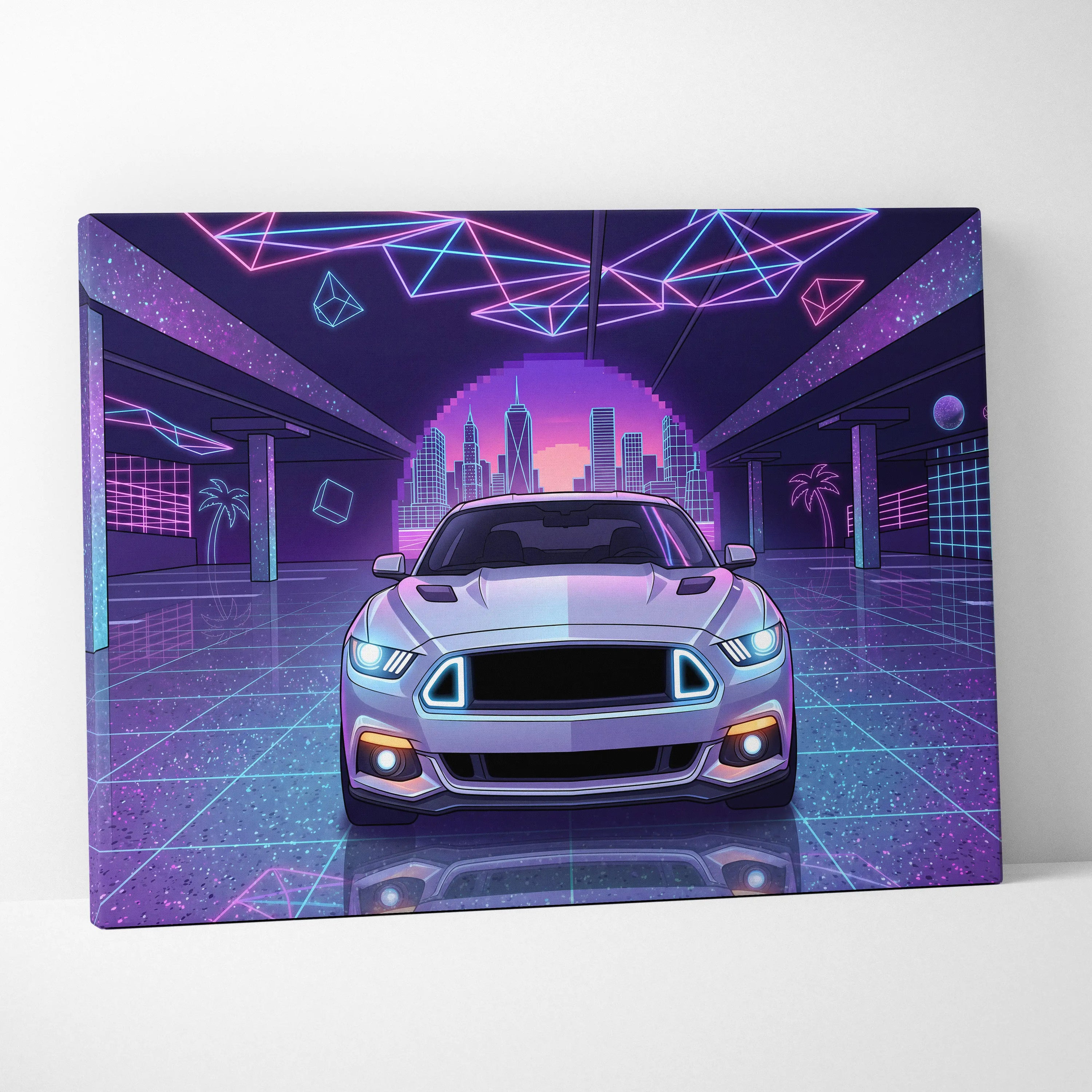 Ford Mustang Inspired Neon Vaporwave City Skyline - Vaporwave Neon Pink City Wall Art Mood Cyberpunk Canvas Print