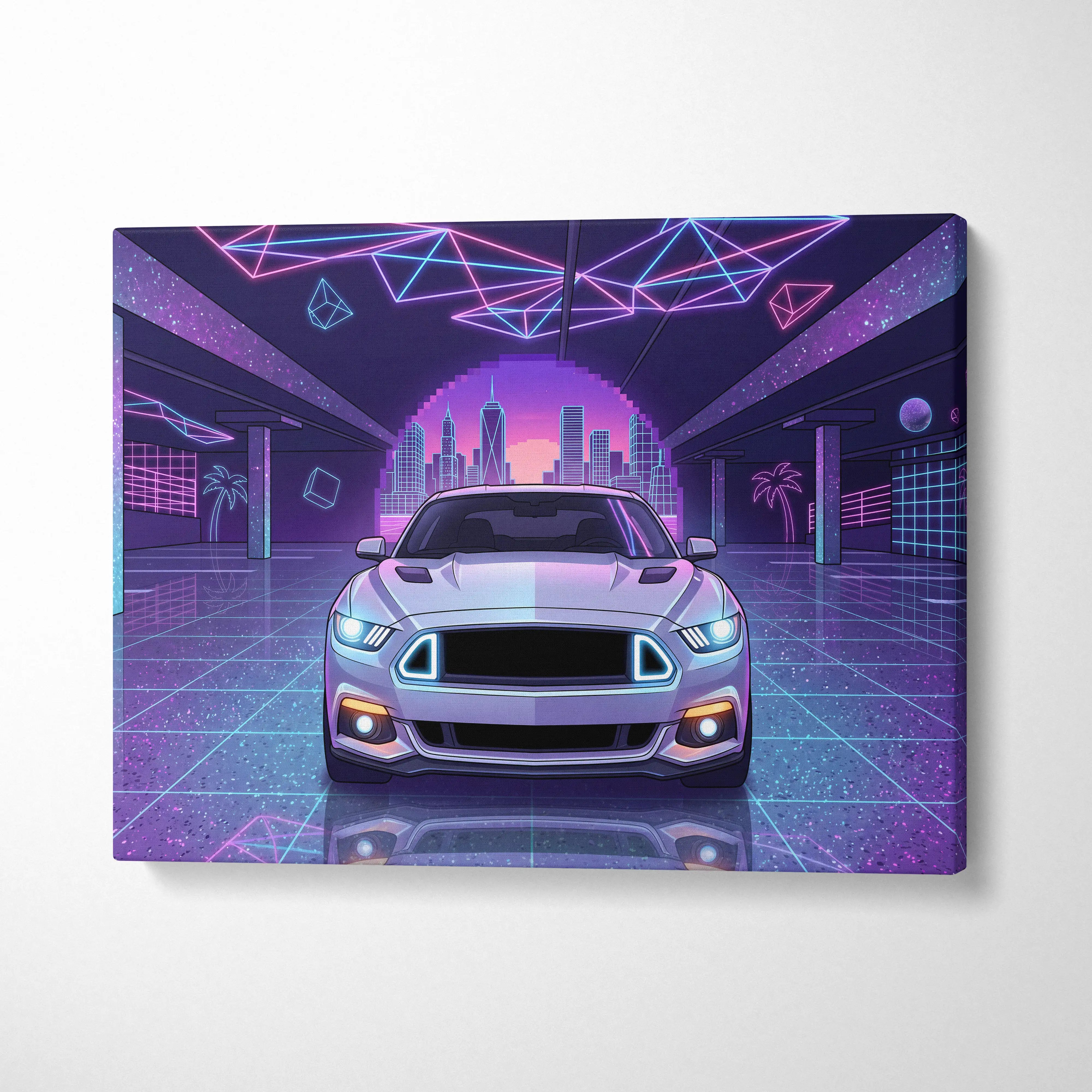 A sleek silver ford mustang with glowing blue headlights in a neon-lit vaporwave city skyline canvas print