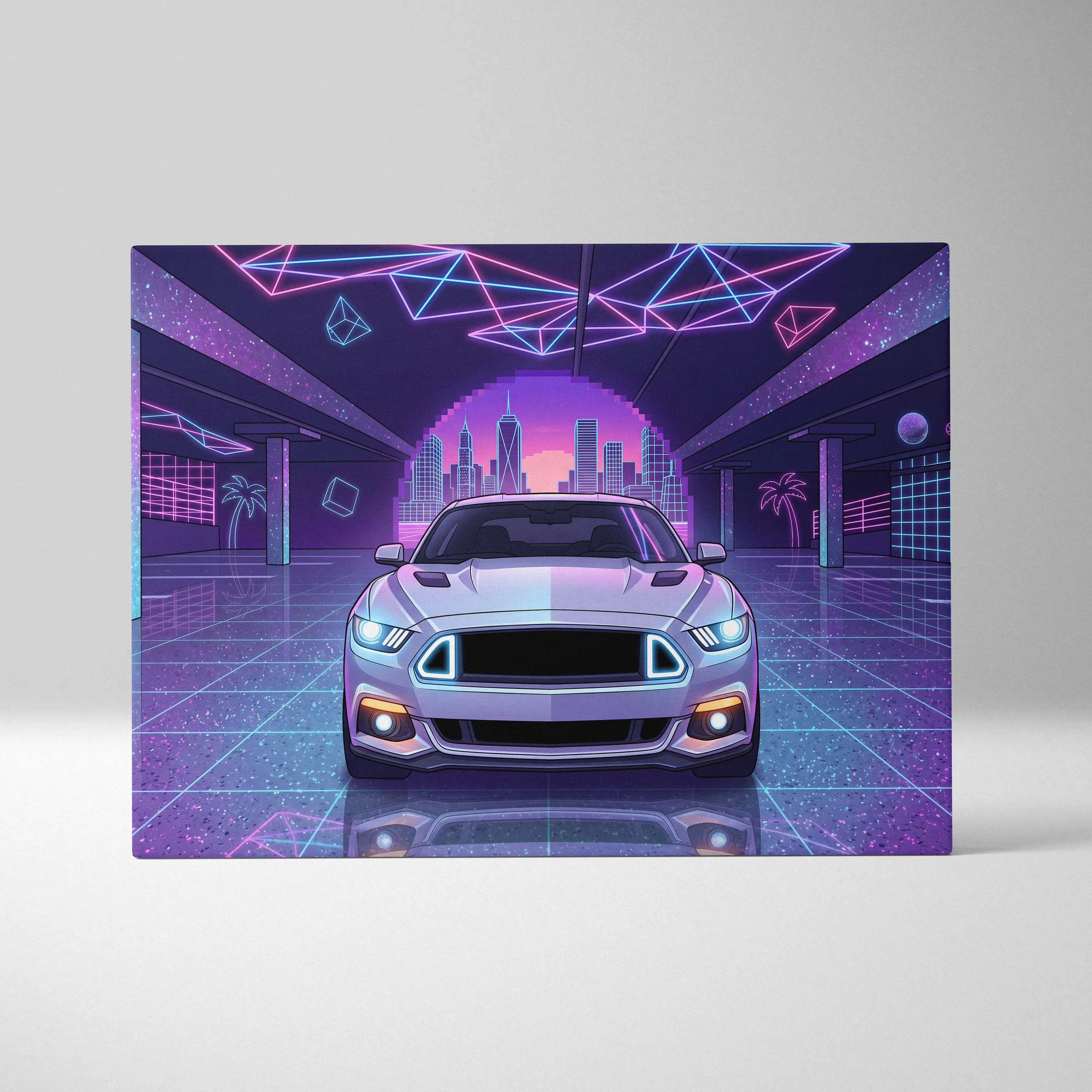 Ford Mustang Inspired Neon Vaporwave City Skyline - Vaporwave Neon Pink City Wall Art Mood Cyberpunk Canvas Print