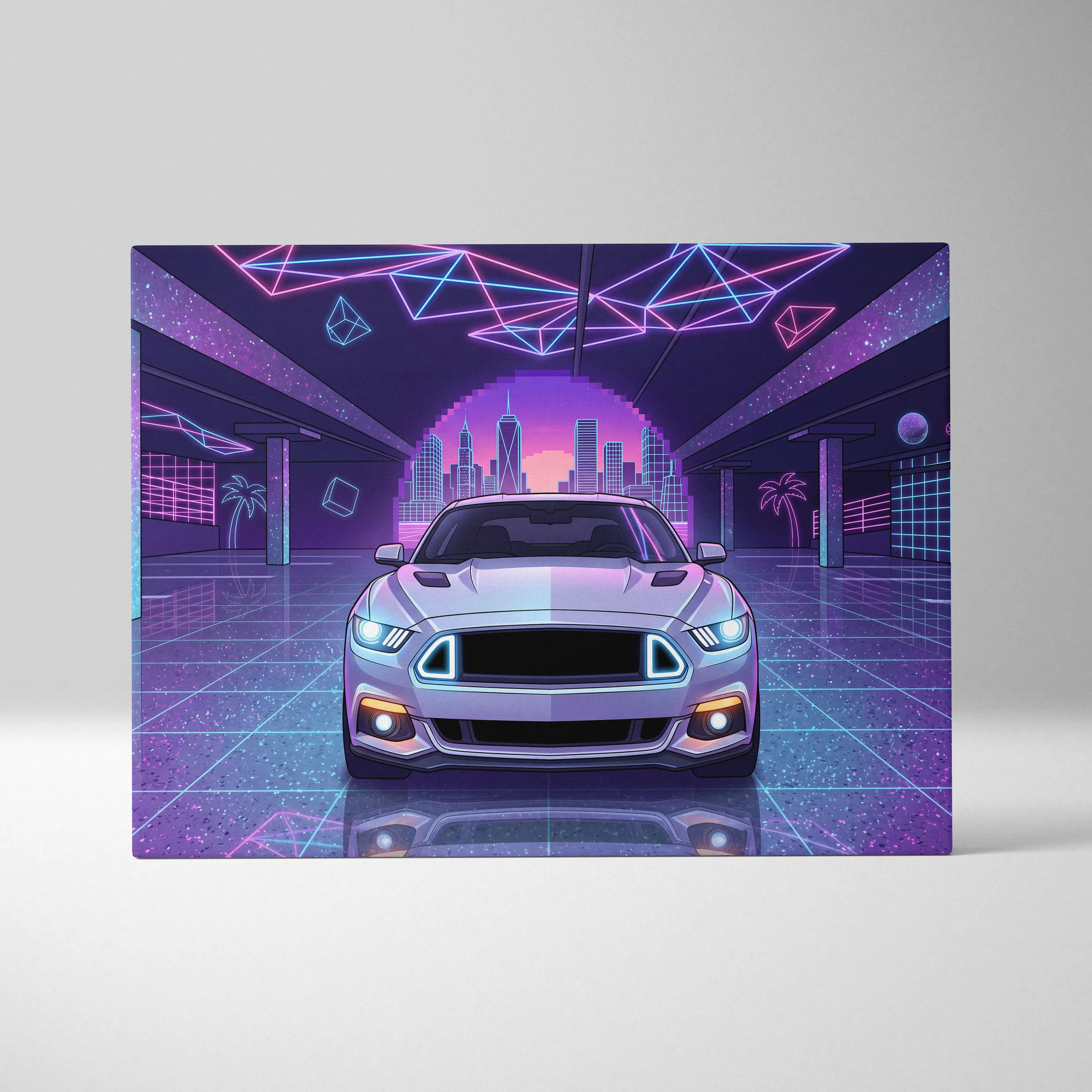A sleek silver ford mustang with glowing blue and white headlights in a neon pink vaporwave city skyline canvas print