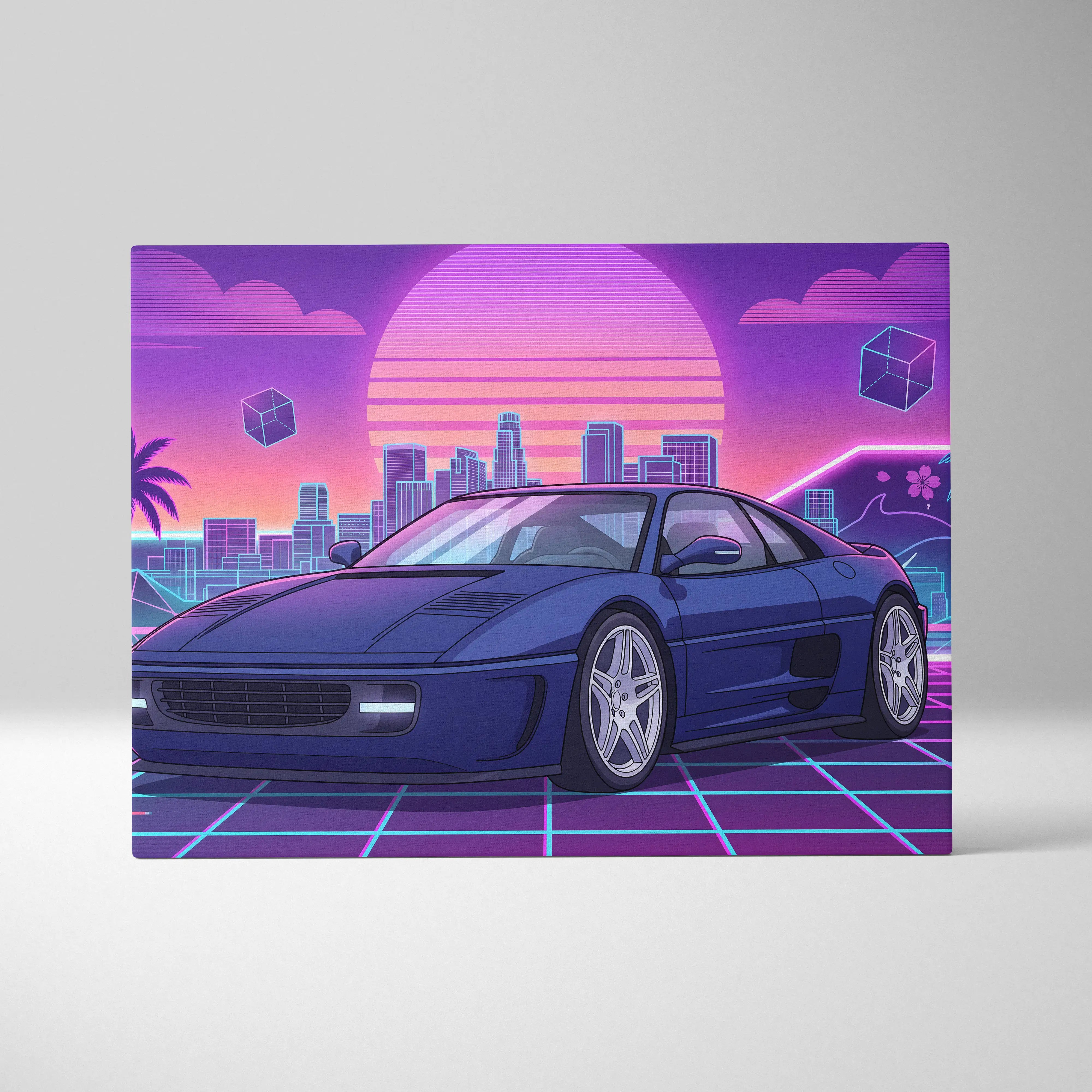 Nostalgic neon-retro canvas print of a sleek blue ferrari sports car with a vibrant purple and pink sunset skyline