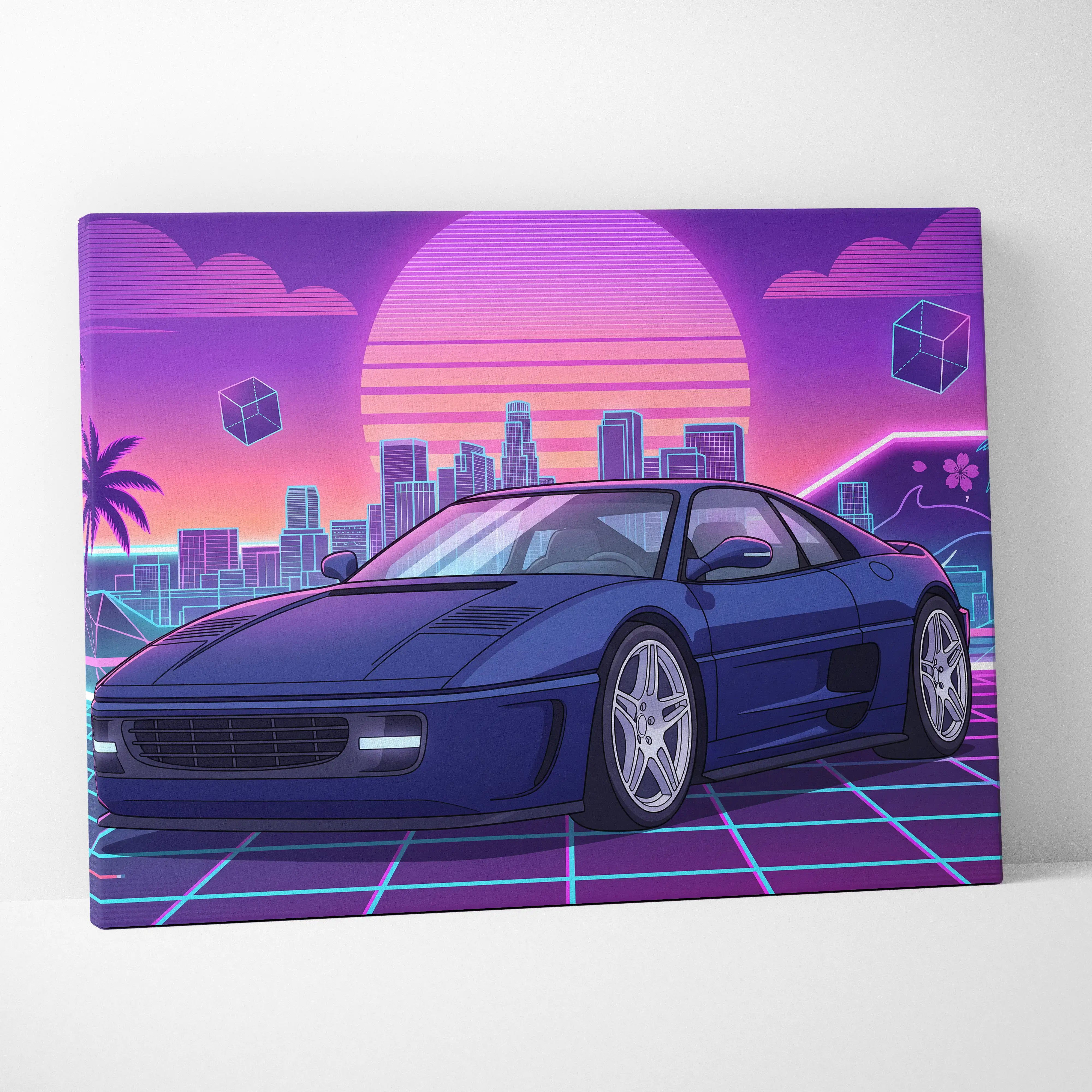 Nostalgic neon-style canvas print of a sleek blue ferrari sports car against a vibrant purple and pink sunset skyline