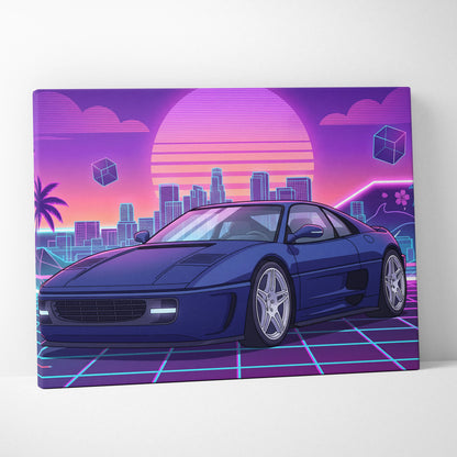 Ferrari Retro Supercar Inspired Neon Sunset Vaporwave City - Car Art Neon Purple Pink Blue Living Room Retro Nostalgia Neon City