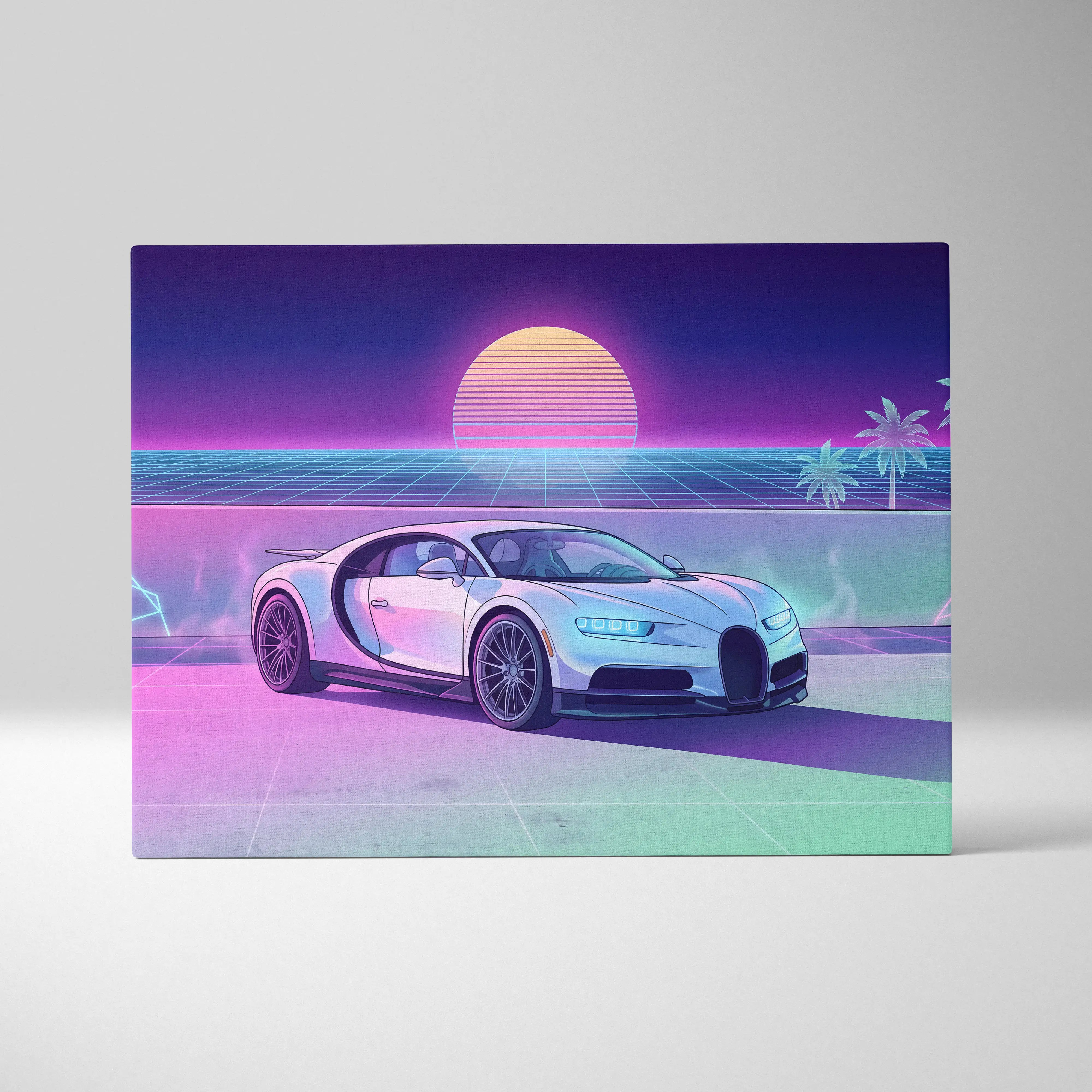 A sleek white bugatti chiron sports car in a neon pink and purple retro-futuristic canvas for living room decor