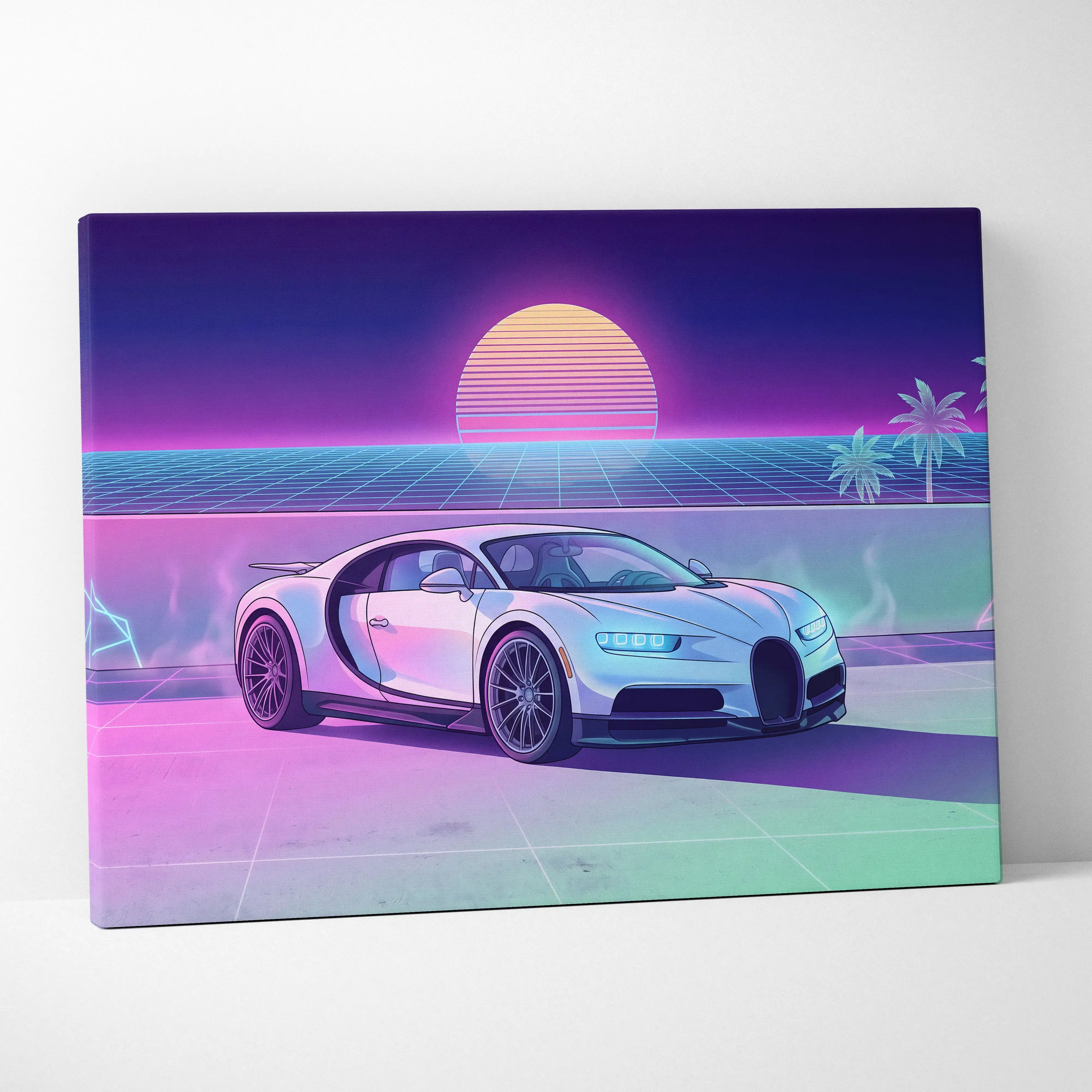 Bugatti Chiron Inspired Neon Sunset Drive Canvas - Car Art Neon Pink Purple Retro Living Room Vaporwave Dreamy Mood Canvas