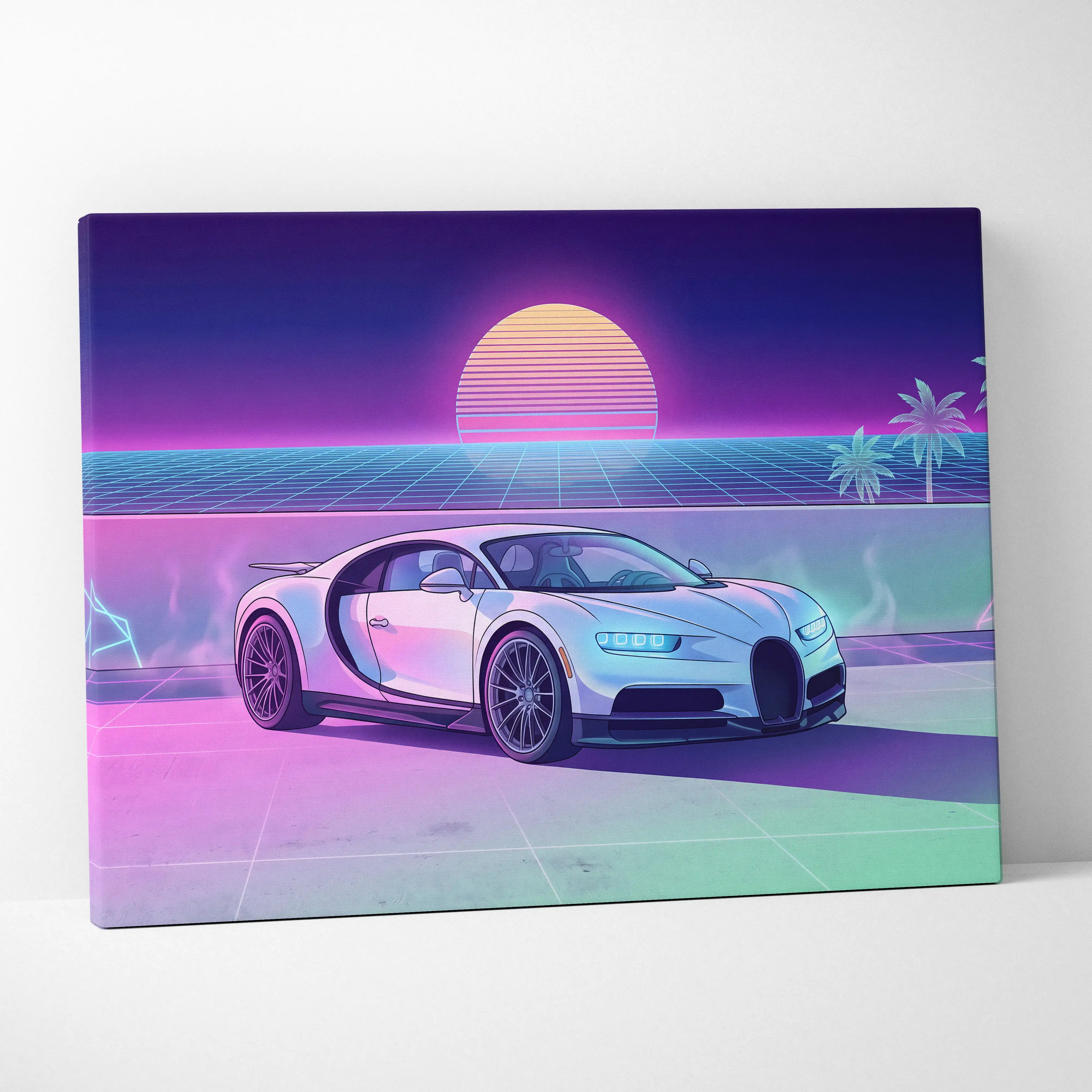 A sleek white bugatti chiron rendered in neon pink and purple gradients on a retro-futuristic sunset canvas