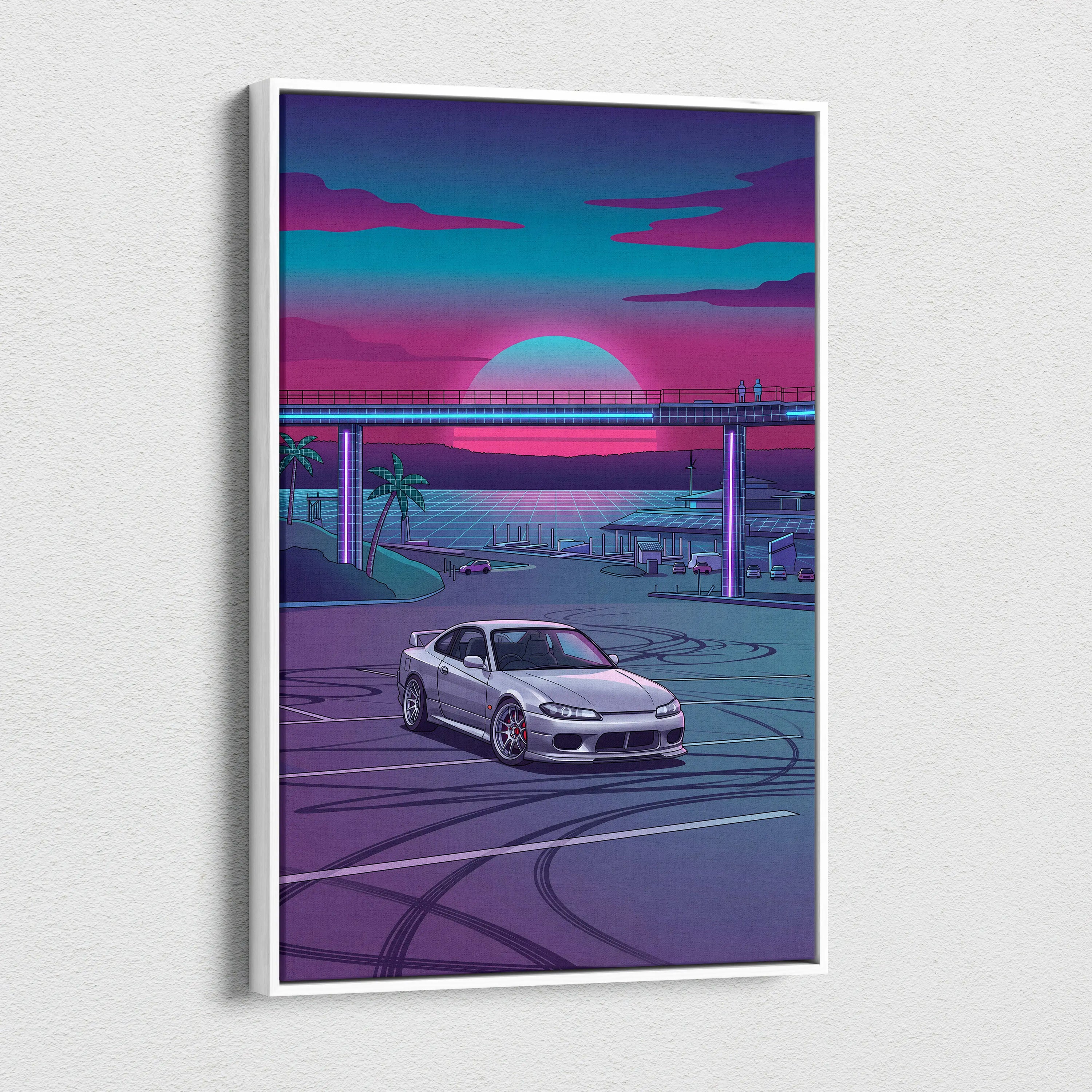Nissan S15 Silvia Inspired Neon Retro Skyline Drive - Vaporwave Art Neon Pink Nostalgic Mood Neon City Decor Canvas Print