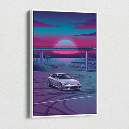 Nissan S15 Silvia Inspired Neon Retro Skyline Drive - Vaporwave Art Neon Pink Nostalgic Mood Neon City Decor Canvas Print