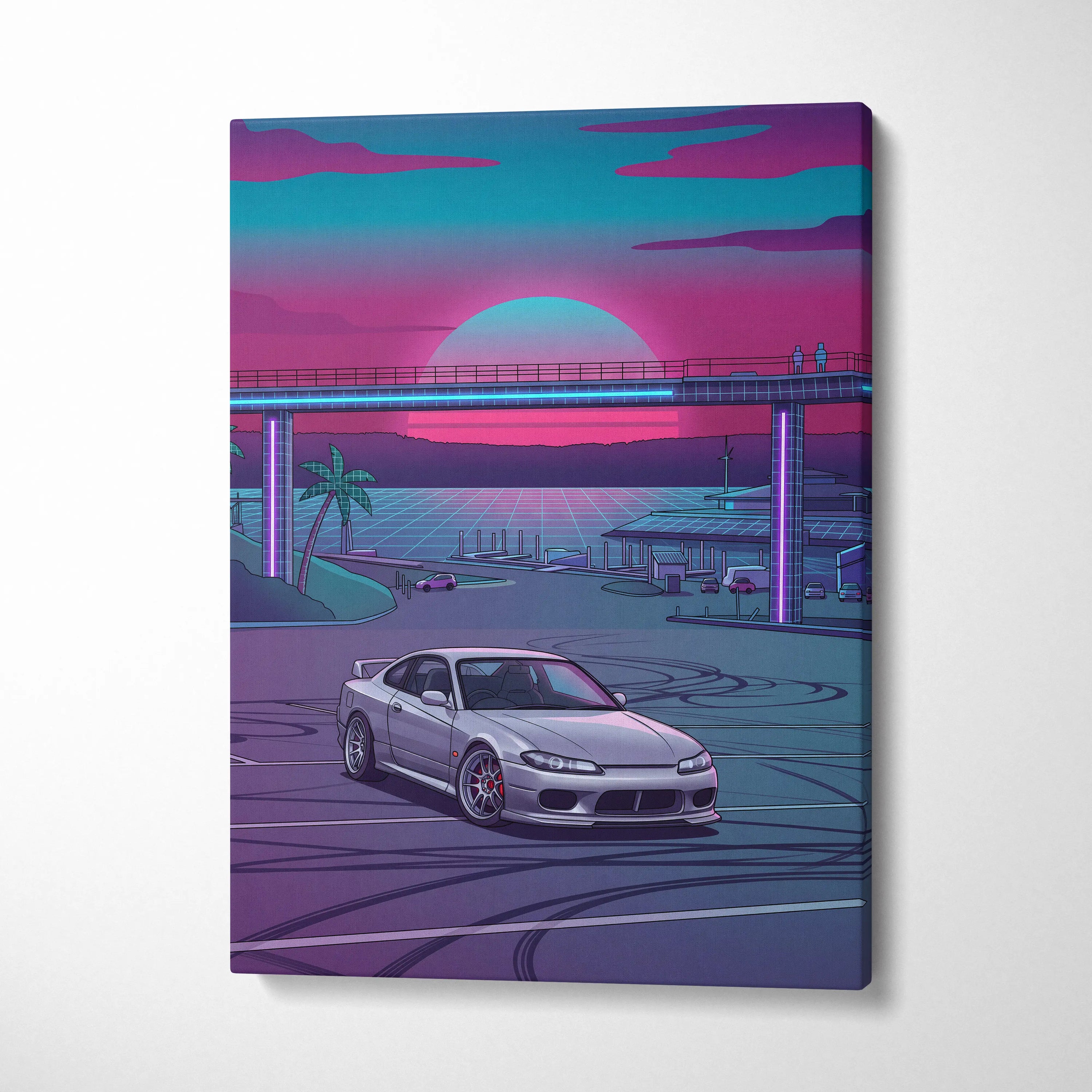 Nissan S15 Silvia Inspired Neon Retro Skyline Drive - Vaporwave Art Neon Pink Nostalgic Mood Neon City Decor Canvas Print