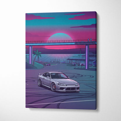 Nissan S15 Silvia Inspired Neon Retro Skyline Drive - Vaporwave Art Neon Pink Nostalgic Mood Neon City Decor Canvas Print
