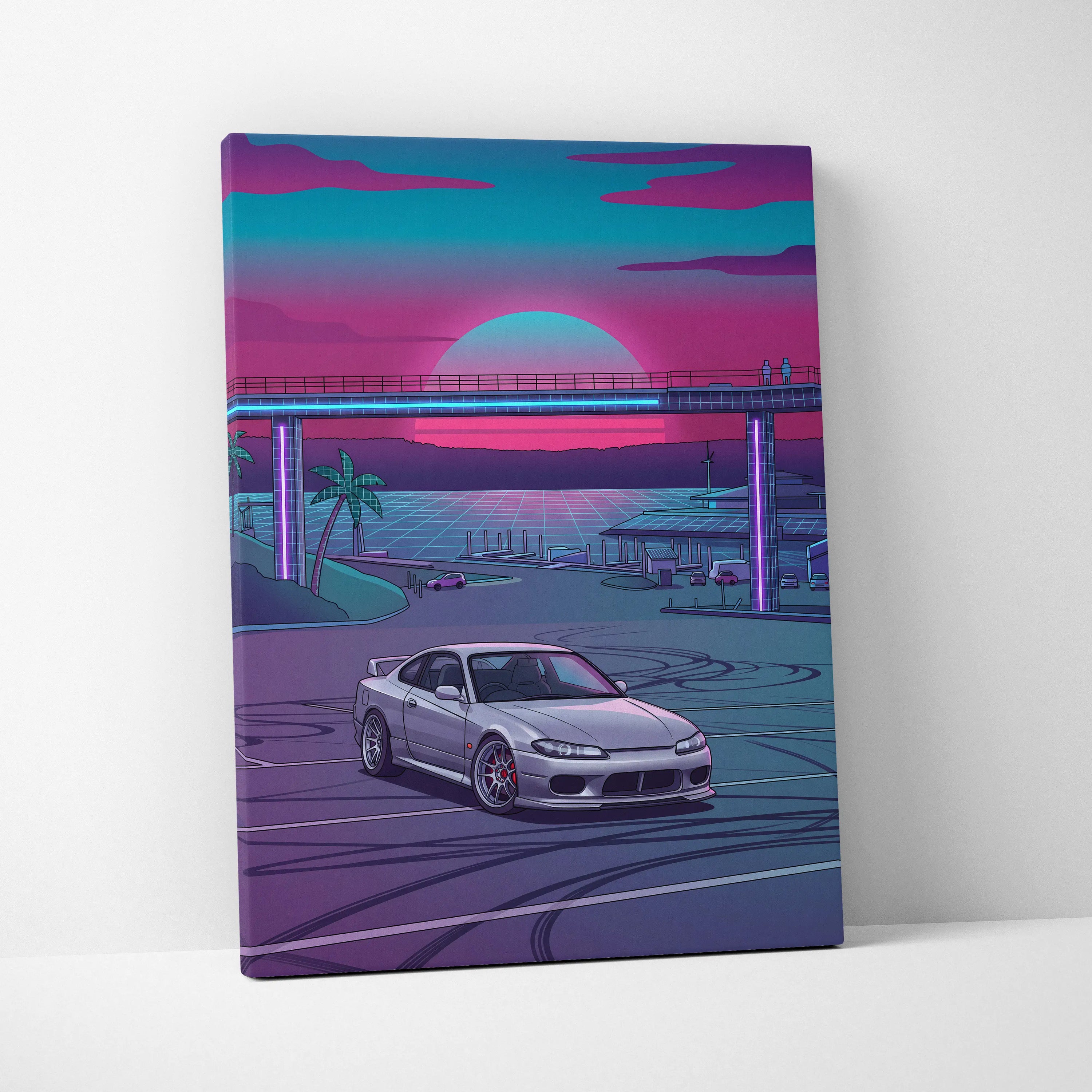 Nissan S15 Silvia Inspired Neon Retro Skyline Drive - Vaporwave Art Neon Pink Nostalgic Mood Neon City Decor Canvas Print