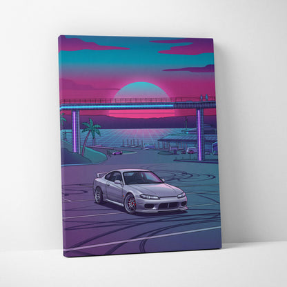 Nissan S15 Silvia Inspired Neon Retro Skyline Drive - Vaporwave Art Neon Pink Nostalgic Mood Neon City Decor Canvas Print