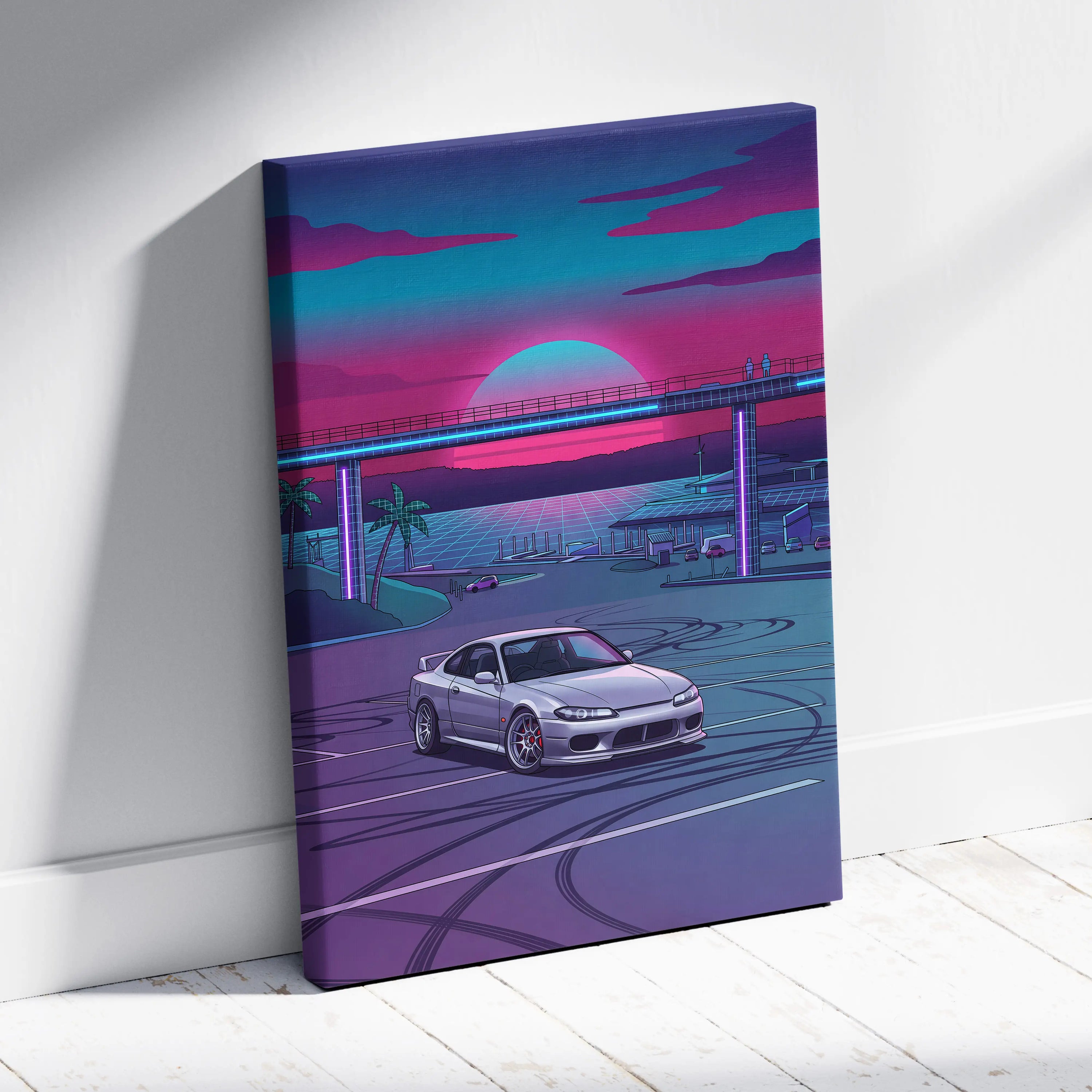 Nissan S15 Silvia Inspired Neon Retro Skyline Drive - Vaporwave Art Neon Pink Nostalgic Mood Neon City Decor Canvas Print