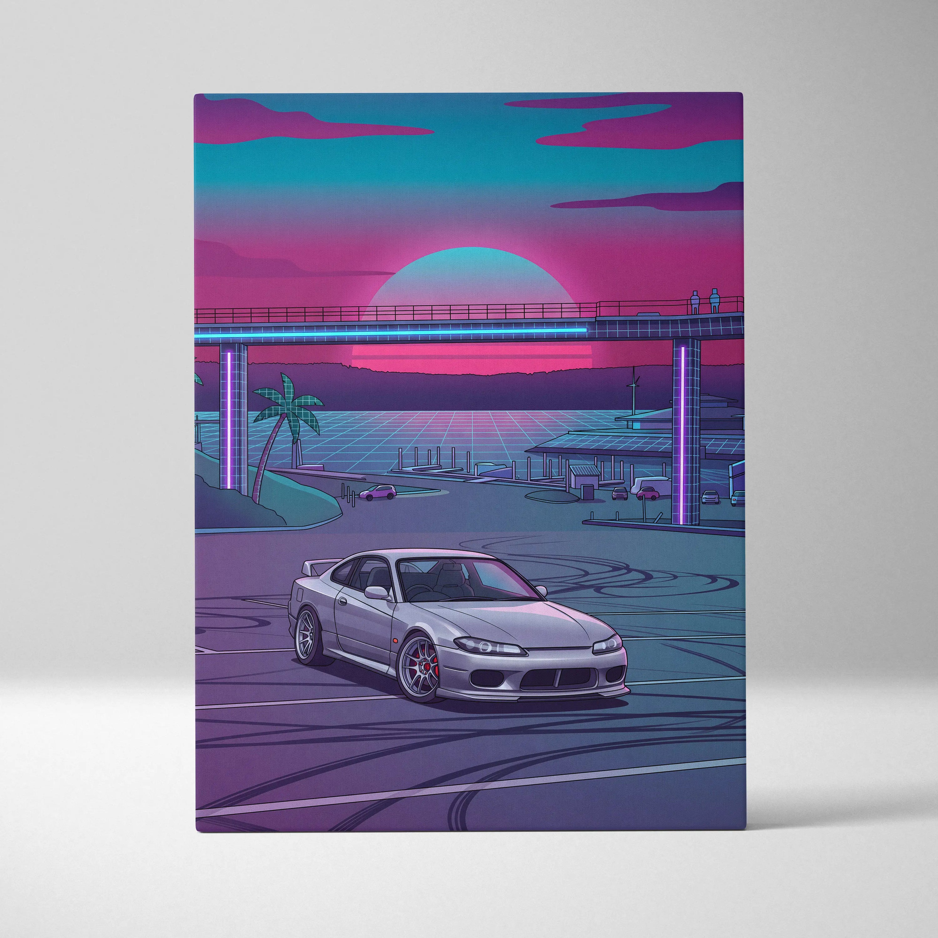 Nissan S15 Silvia Inspired Neon Retro Skyline Drive - Vaporwave Art Neon Pink Nostalgic Mood Neon City Decor Canvas Print