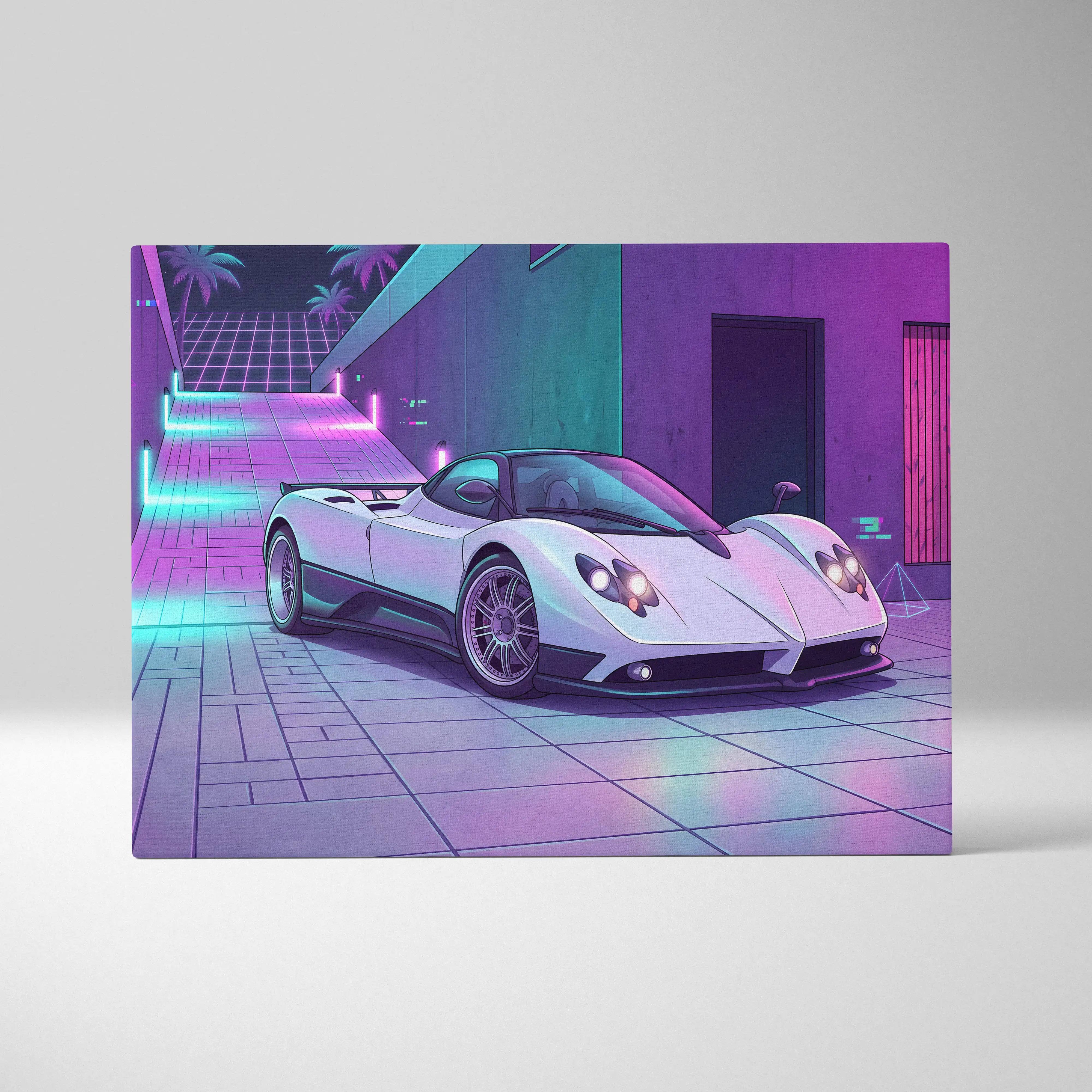 A sleek white pagani zonda sports car with glowing headlights in a neon vaporwave city dream alleyway