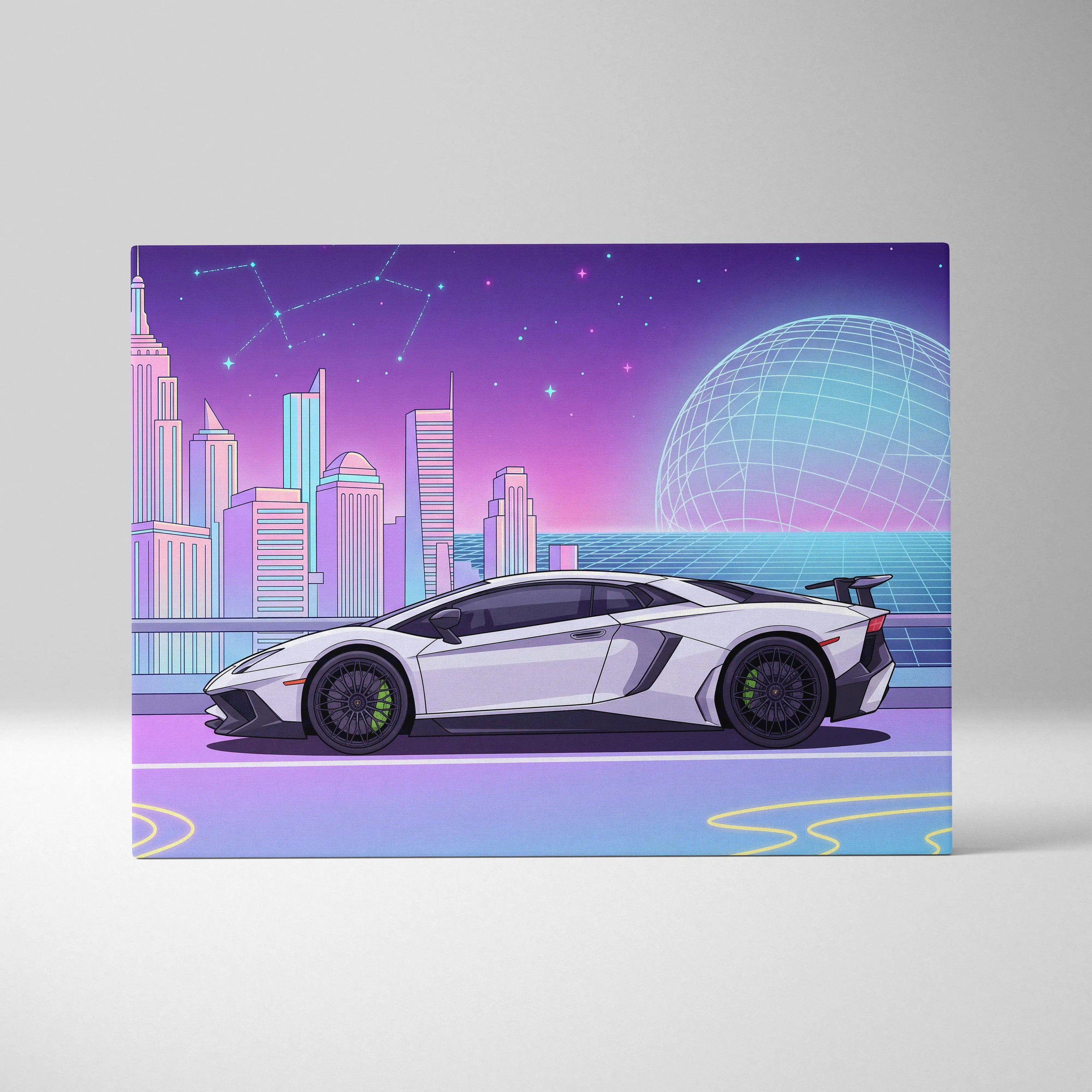 Lamborghini Aventador SV Inspired - Neon Vaporwave City Canvas - Vaporwave Purple Pink Blue Living Room Retro-Futurism