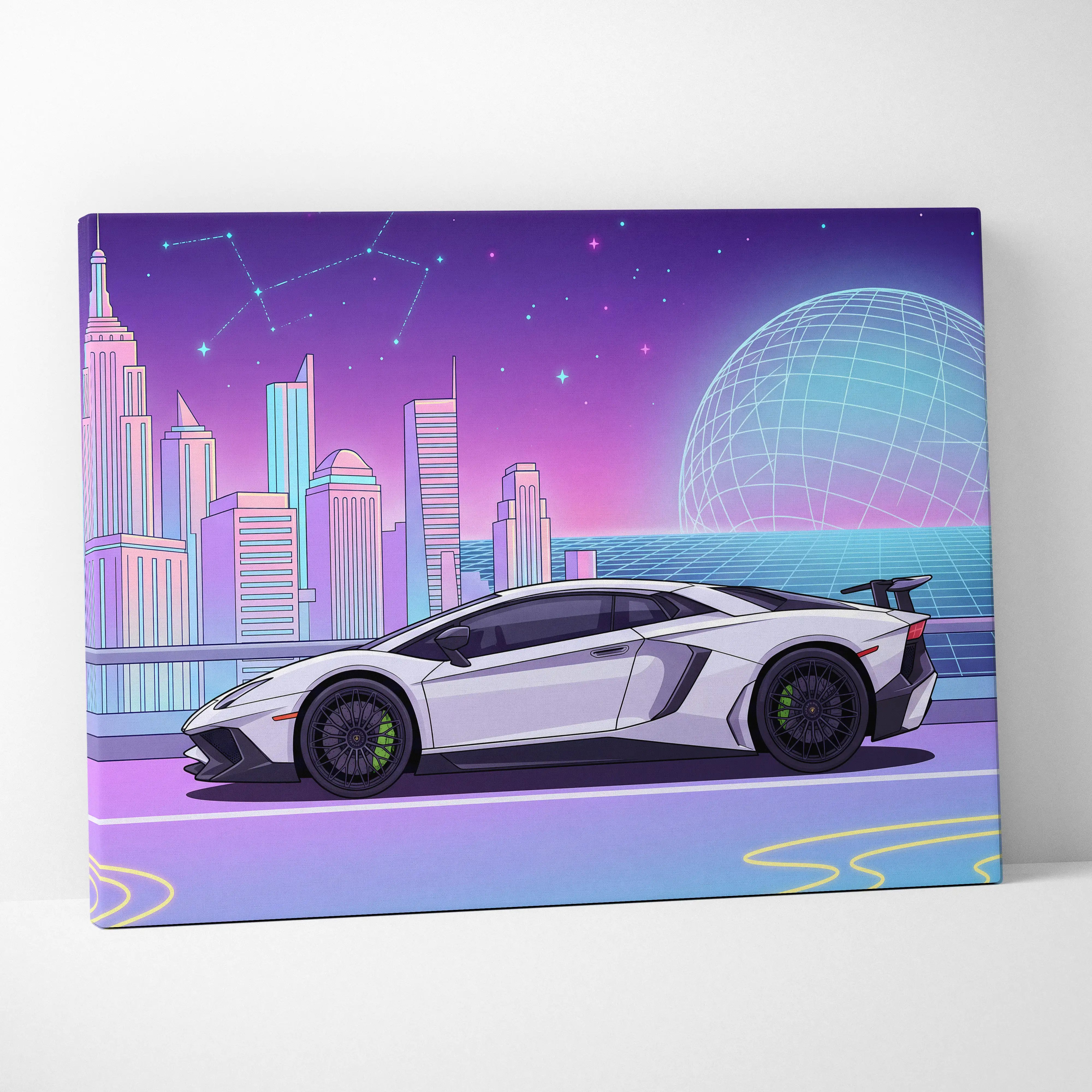 A sleek white Lamborghini Aventador SV with black rims and green brake calipers in a neon vaporwave city canvas