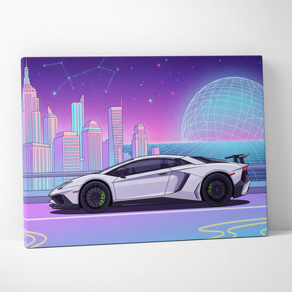 Lamborghini Aventador SV Inspired - Neon Vaporwave City Canvas - Vaporwave Purple Pink Blue Living Room Retro-Futurism