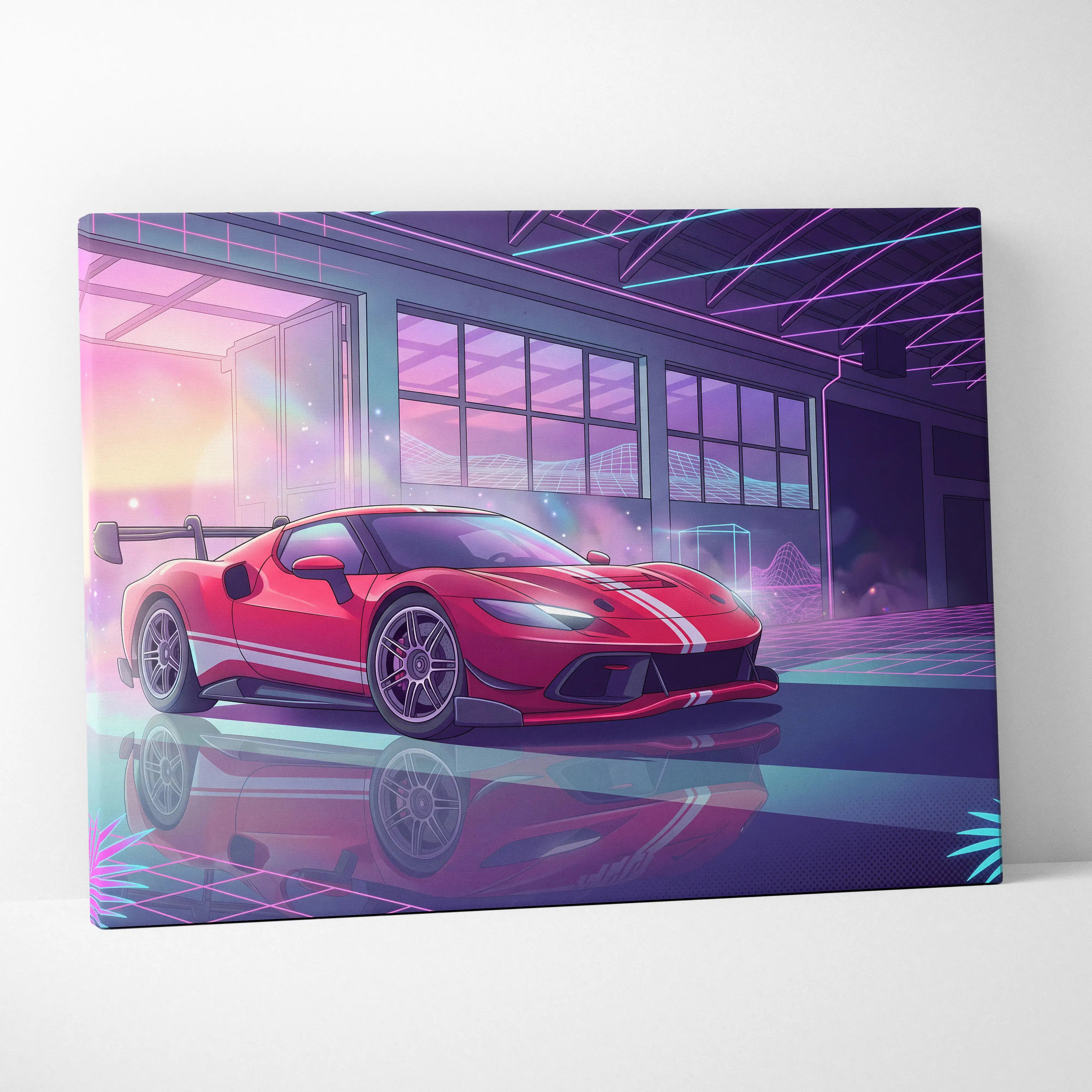Vibrant red ferrari 296 sports car with white racing stripes in neon-lit garage canvas art for energetic retro decor