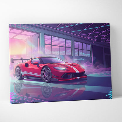 Ferrari 296 Racing Inspired - Crimson Neon Velocity Canvas Sports Car Neon Art Red Blue Energetic Mood Retro Decor Canvas