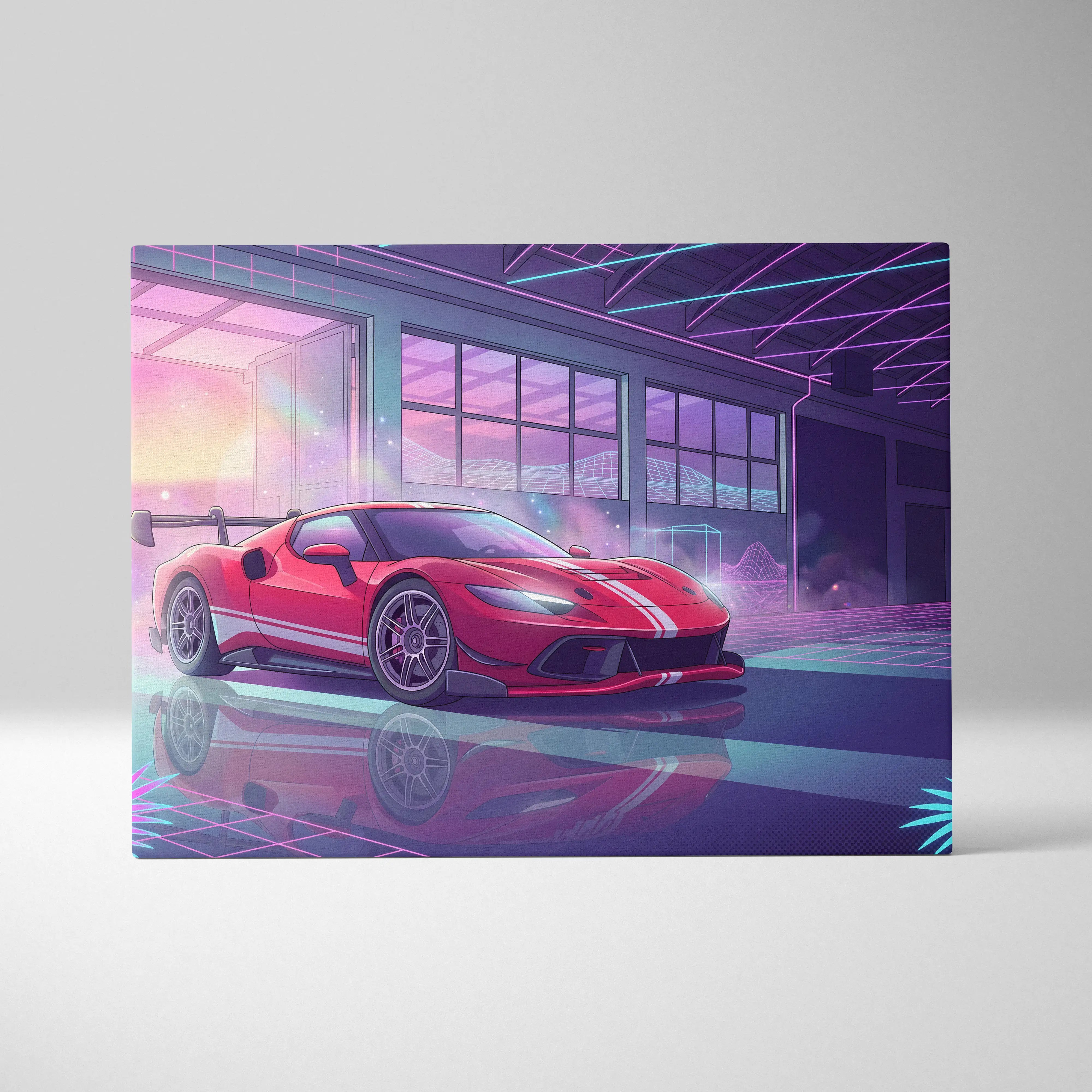 Vibrant red Ferrari 296 sports car with white racing stripes in a neon-lit garage on a crimson neon velocity canvas