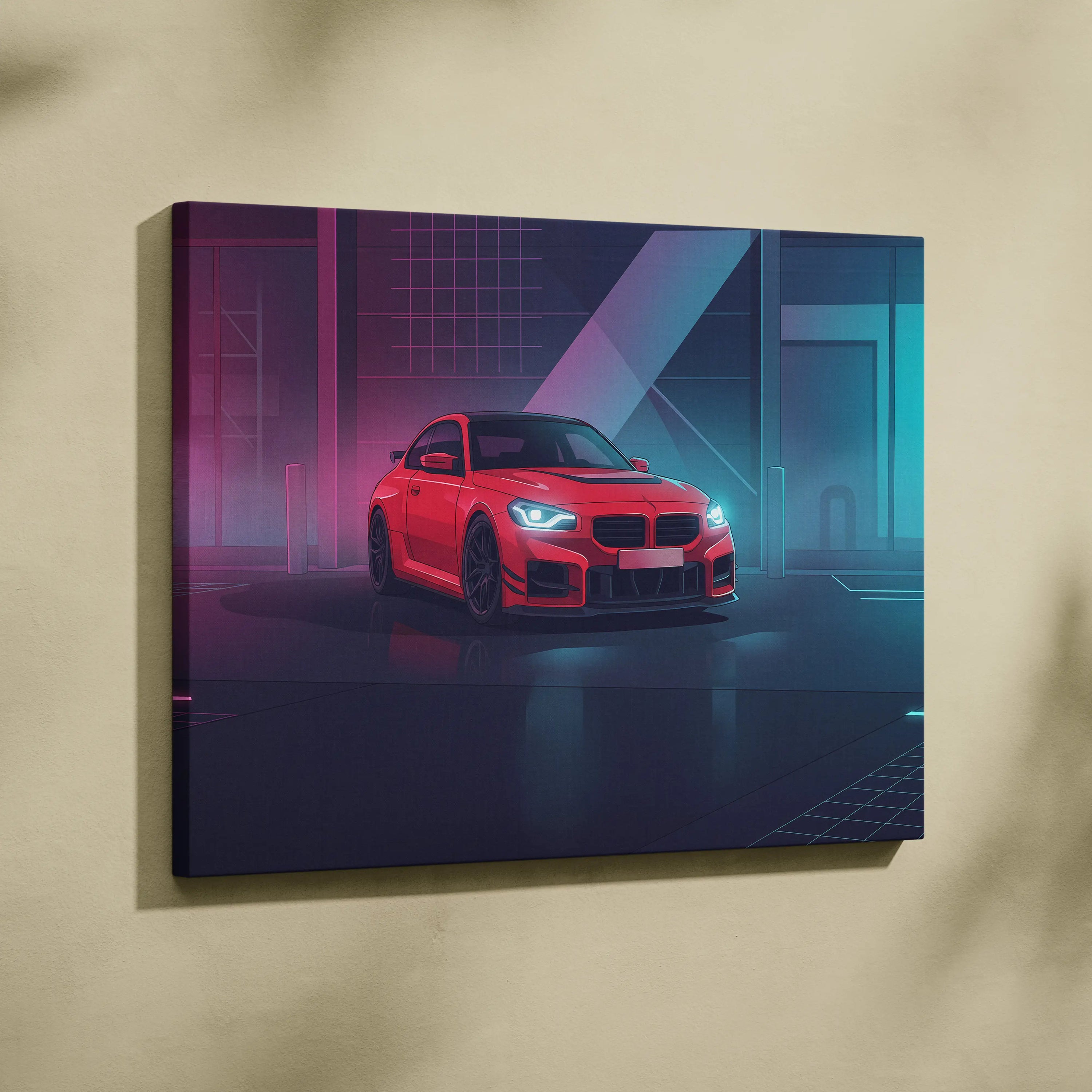 BMW M2 Inspired Neon Horizon Vaporwave Canvas - Car Art Pink Teal Living Room Vaporwave Nostalgic Neon Canvas Print