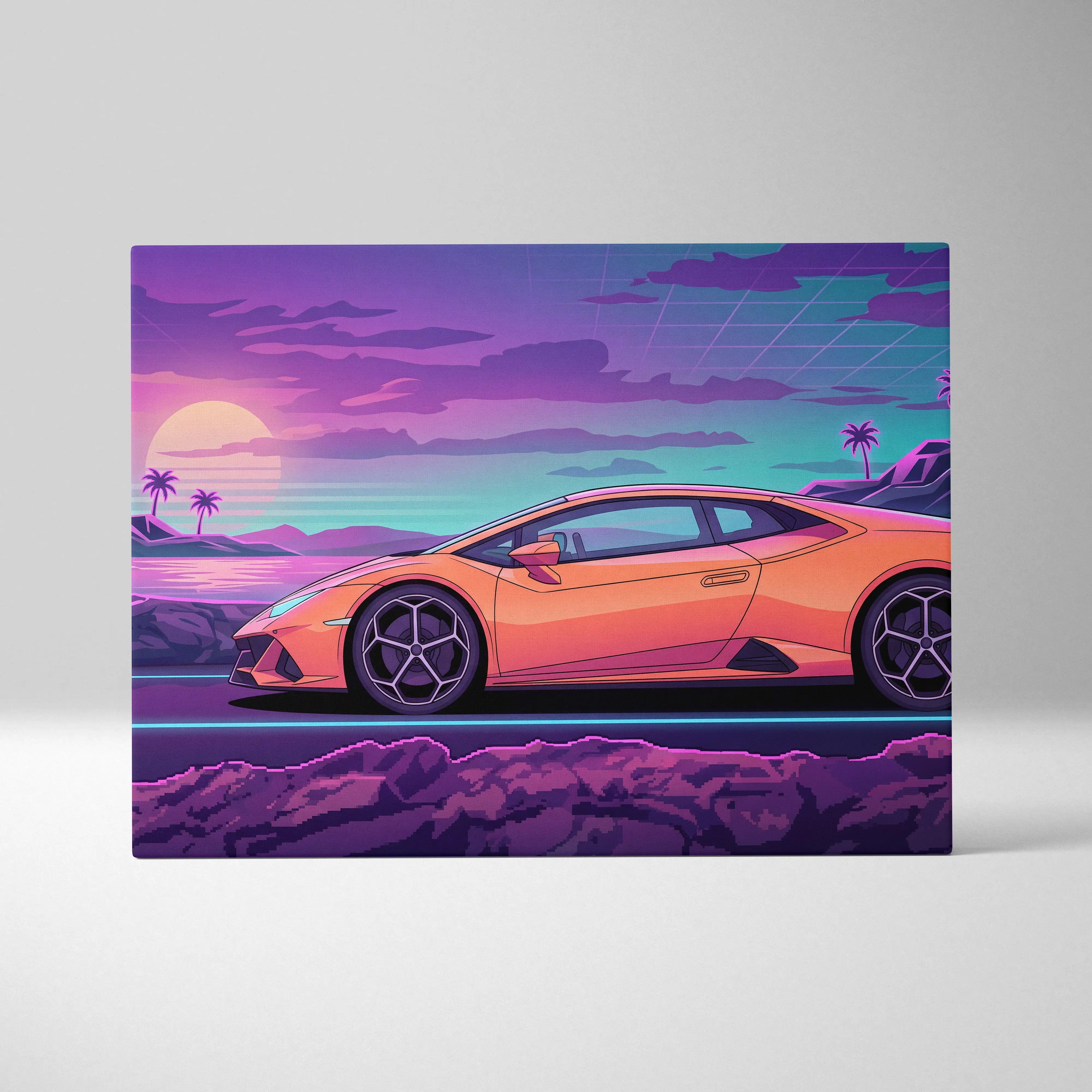 Lamborghini Huracan Inspired Neon Mirage Skyline Rush - Automotive Art Neon Nostalgic Futuristic Canvas
