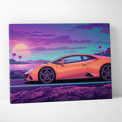 Lamborghini Huracan Inspired Neon Mirage Skyline Rush - Automotive Art Neon Nostalgic Futuristic Canvas