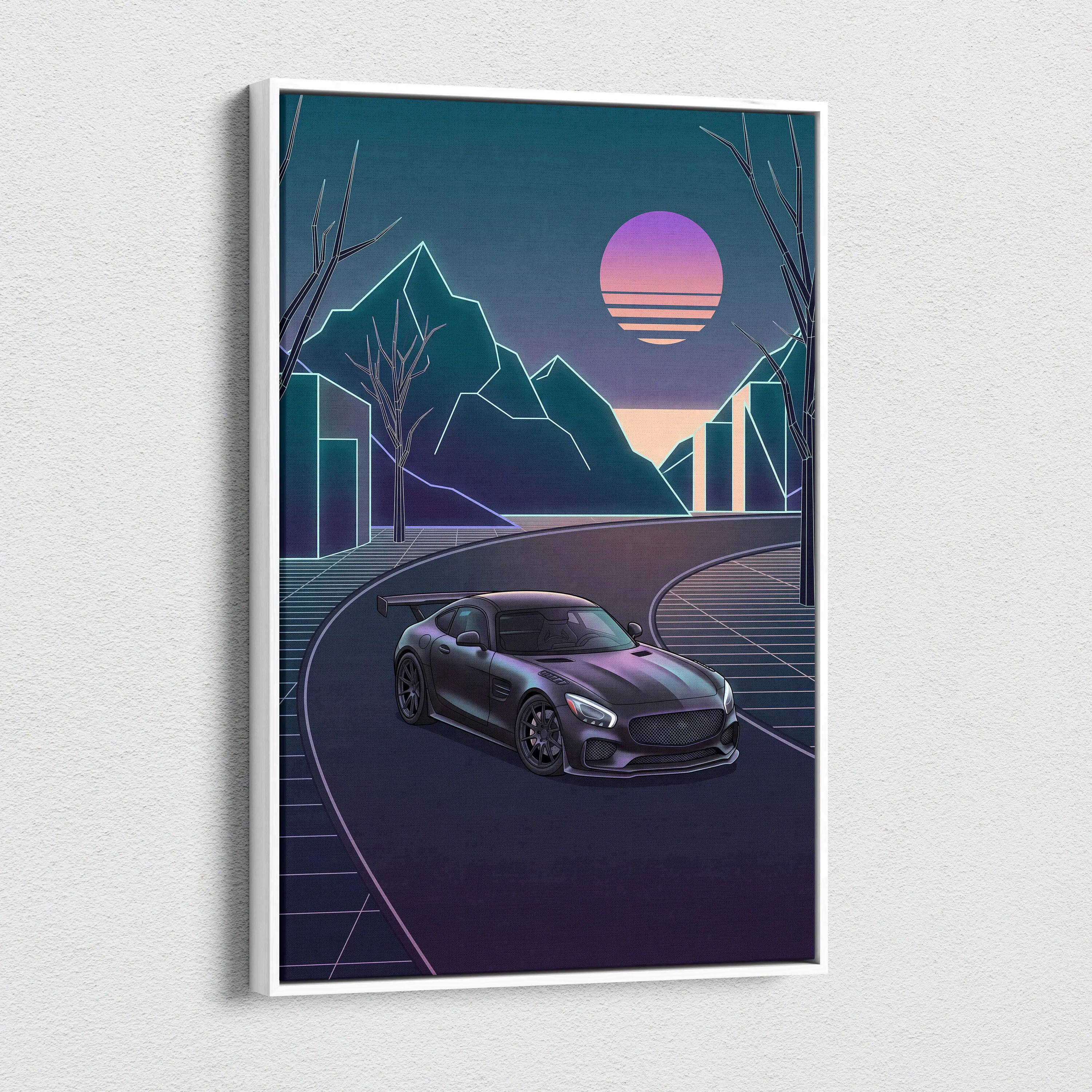 Mercedes AMG GTR Inspired Neon Sunset Dreamscape - Vaporwave Car Canvas Art Neon Pink Teal For Living Room Retro Futurism