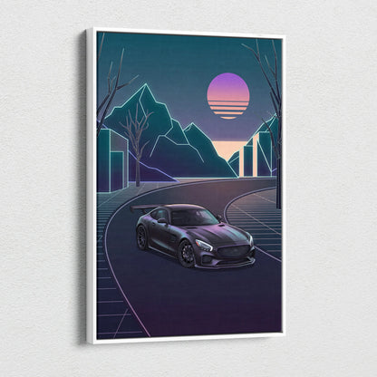 Mercedes AMG GTR Inspired Neon Sunset Dreamscape - Vaporwave Car Canvas Art Neon Pink Teal For Living Room Retro Futurism