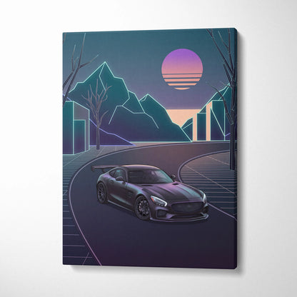 Mercedes AMG GTR Inspired Neon Sunset Dreamscape - Vaporwave Car Canvas Art Neon Pink Teal For Living Room Retro Futurism