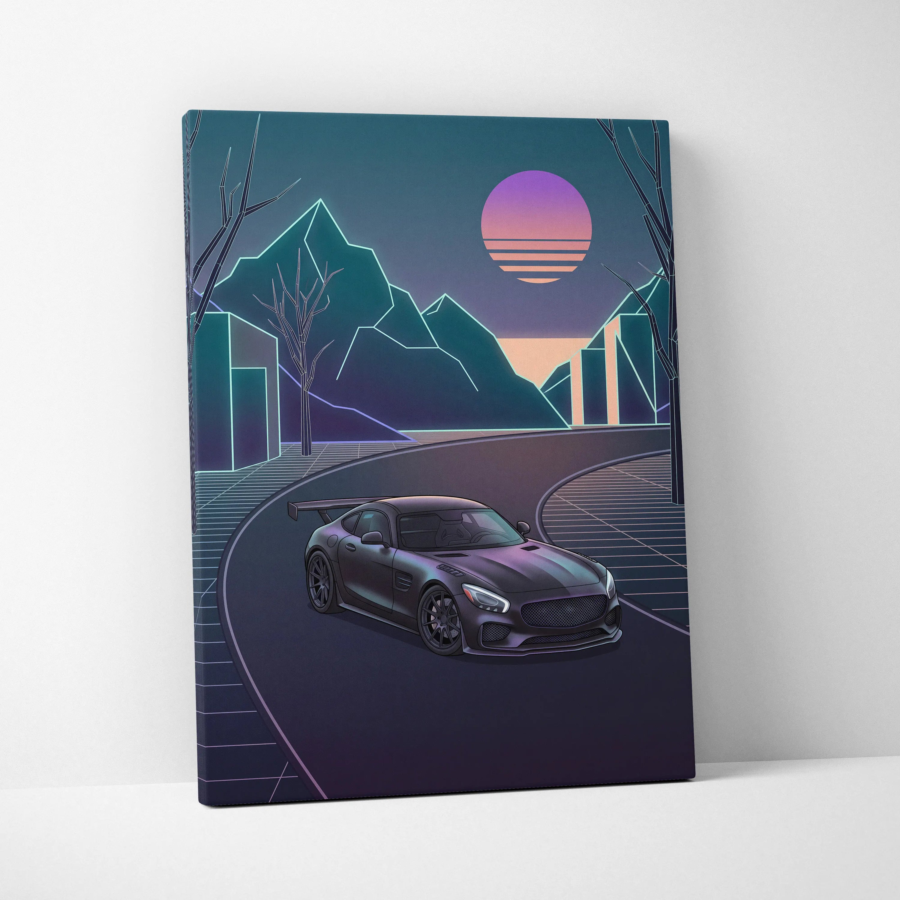 Mercedes AMG GTR Inspired Neon Sunset Dreamscape - Vaporwave Car Canvas Art Neon Pink Teal For Living Room Retro Futurism