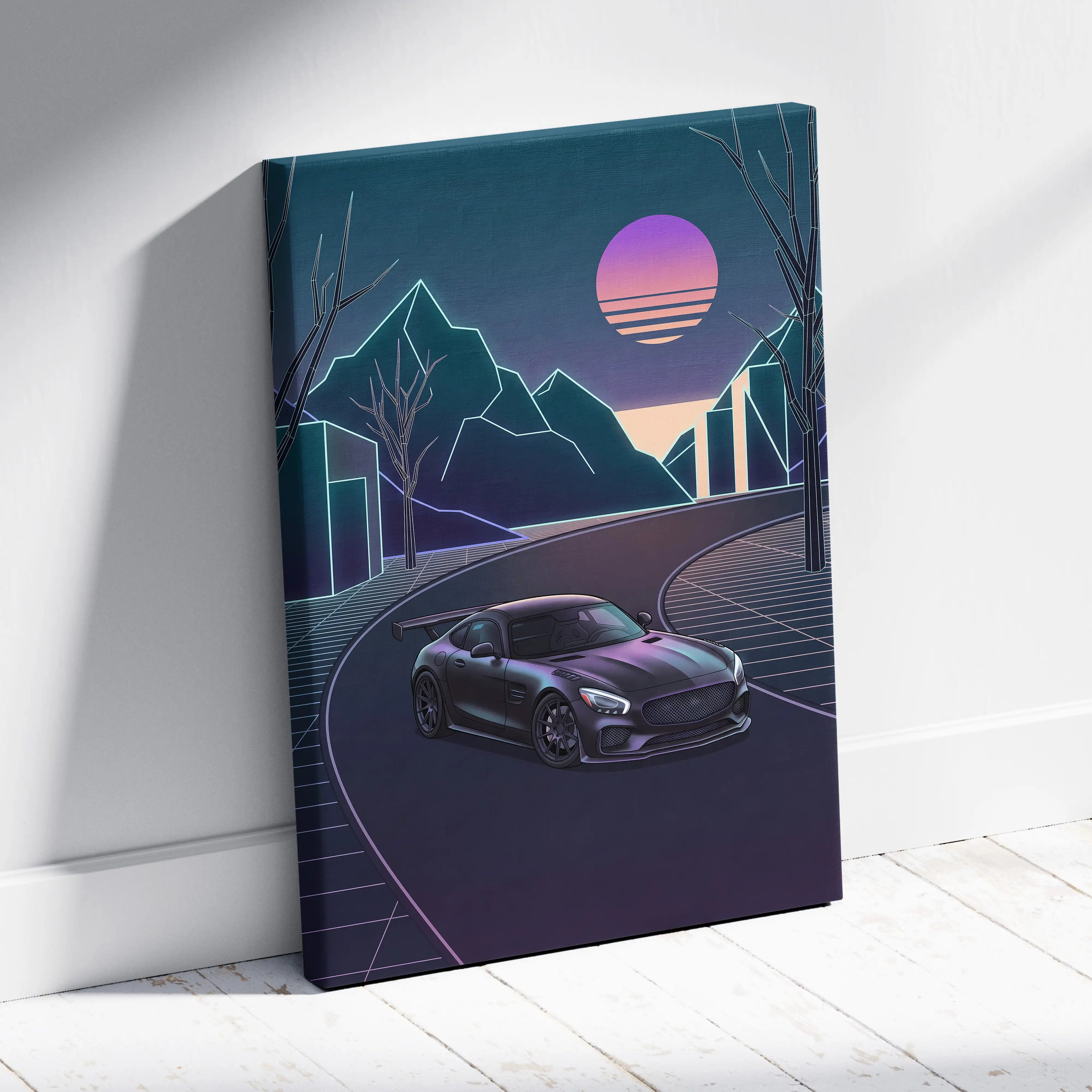 Mercedes AMG GTR Inspired Neon Sunset Dreamscape - Vaporwave Car Canvas Art Neon Pink Teal For Living Room Retro Futurism