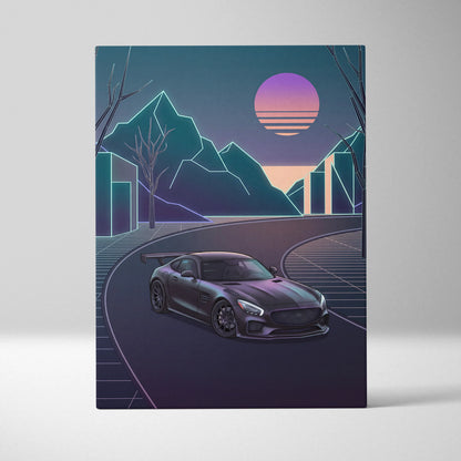 Mercedes AMG GTR Inspired Neon Sunset Dreamscape - Vaporwave Car Canvas Art Neon Pink Teal For Living Room Retro Futurism