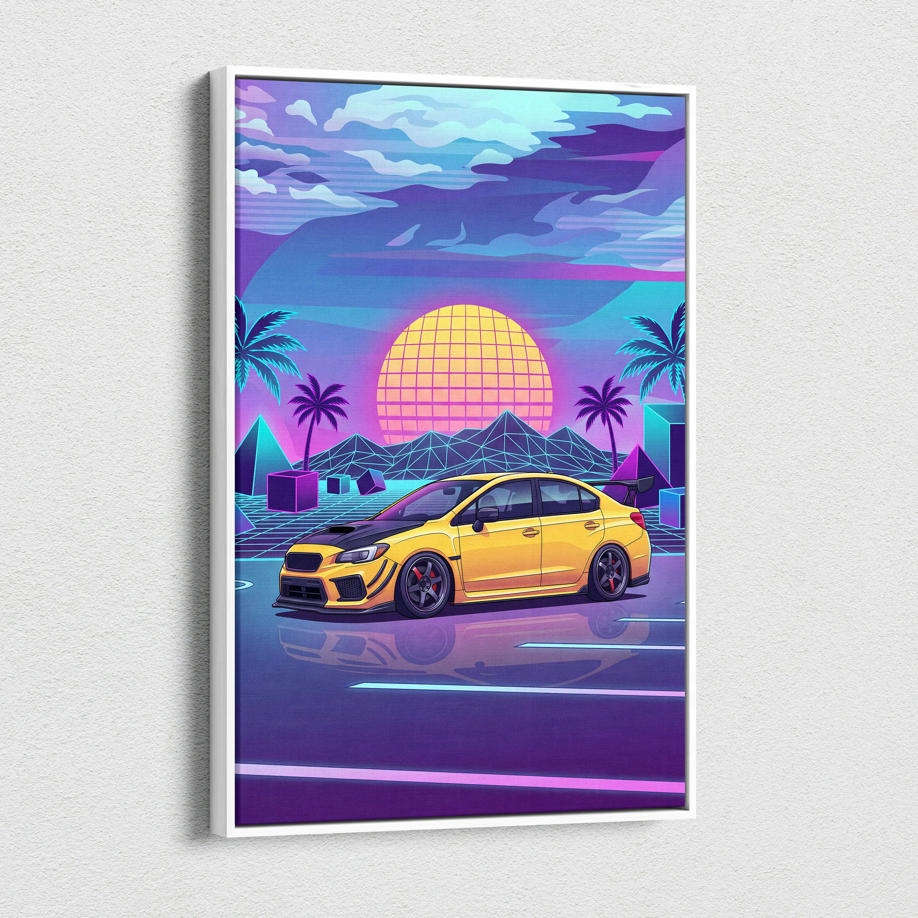 Subaru WRX STI Inspired Neon Vaporwave Sunset Dream - Car Artwork Neon Pink Purple Blue Room Vaporwave Nostalgic Canvas
