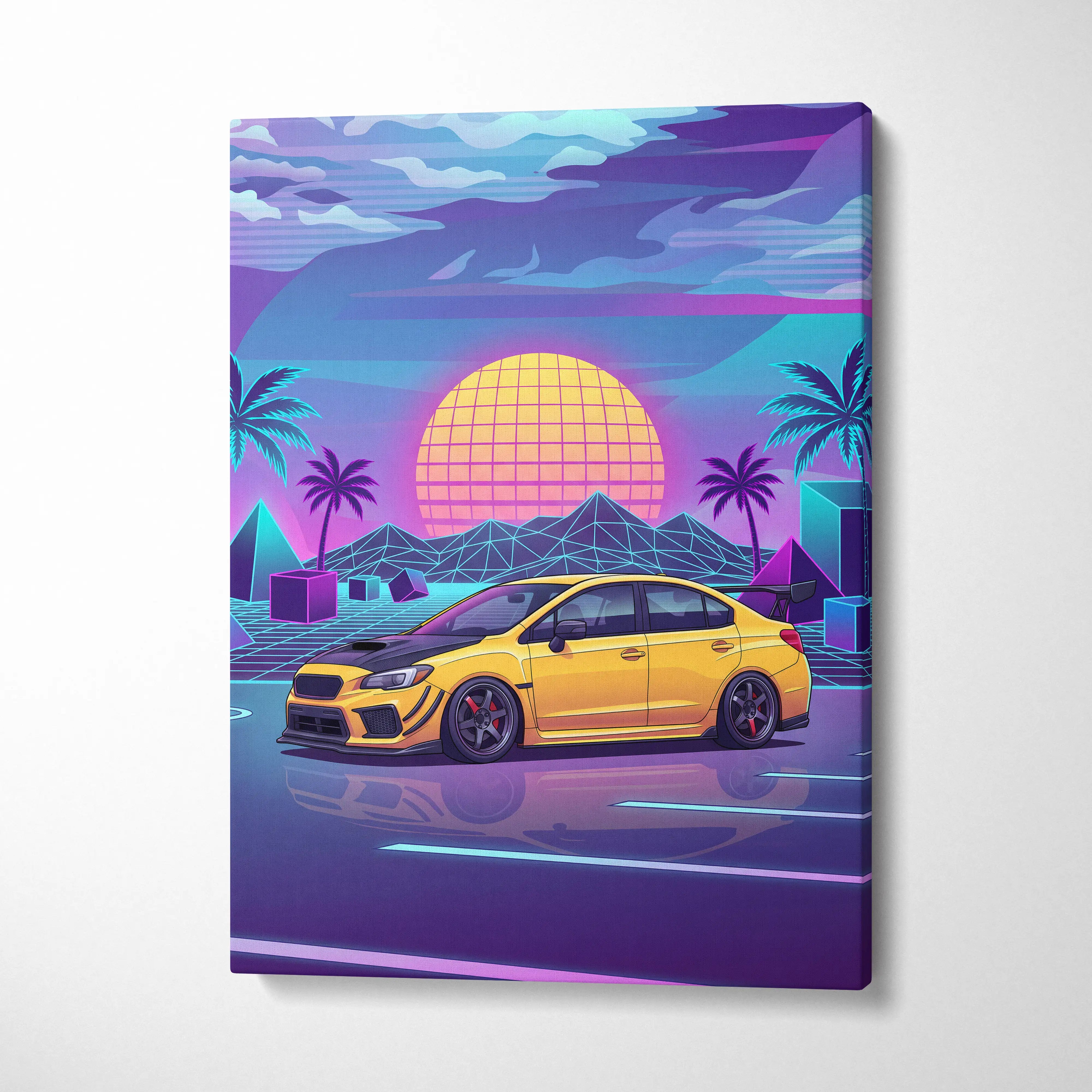 Subaru WRX STI Inspired Neon Vaporwave Sunset Dream - Car Artwork Neon Pink Purple Blue Room Vaporwave Nostalgic Canvas