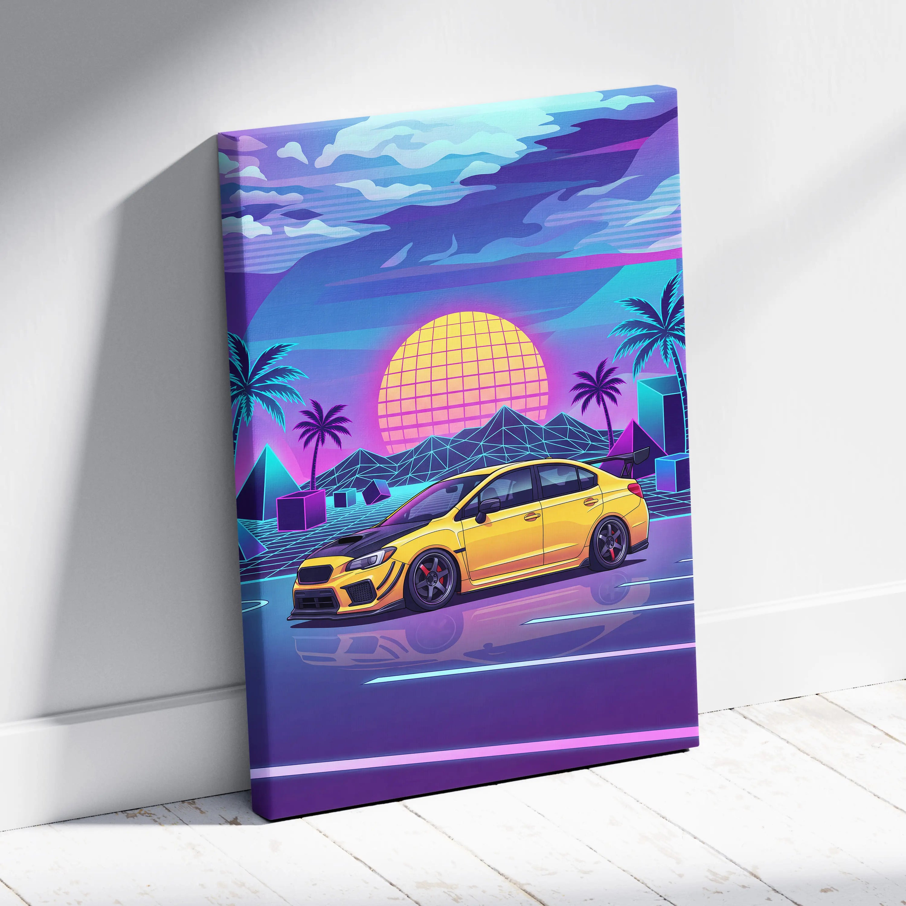 Subaru WRX STI Inspired Neon Vaporwave Sunset Dream - Car Artwork Neon Pink Purple Blue Room Vaporwave Nostalgic Canvas