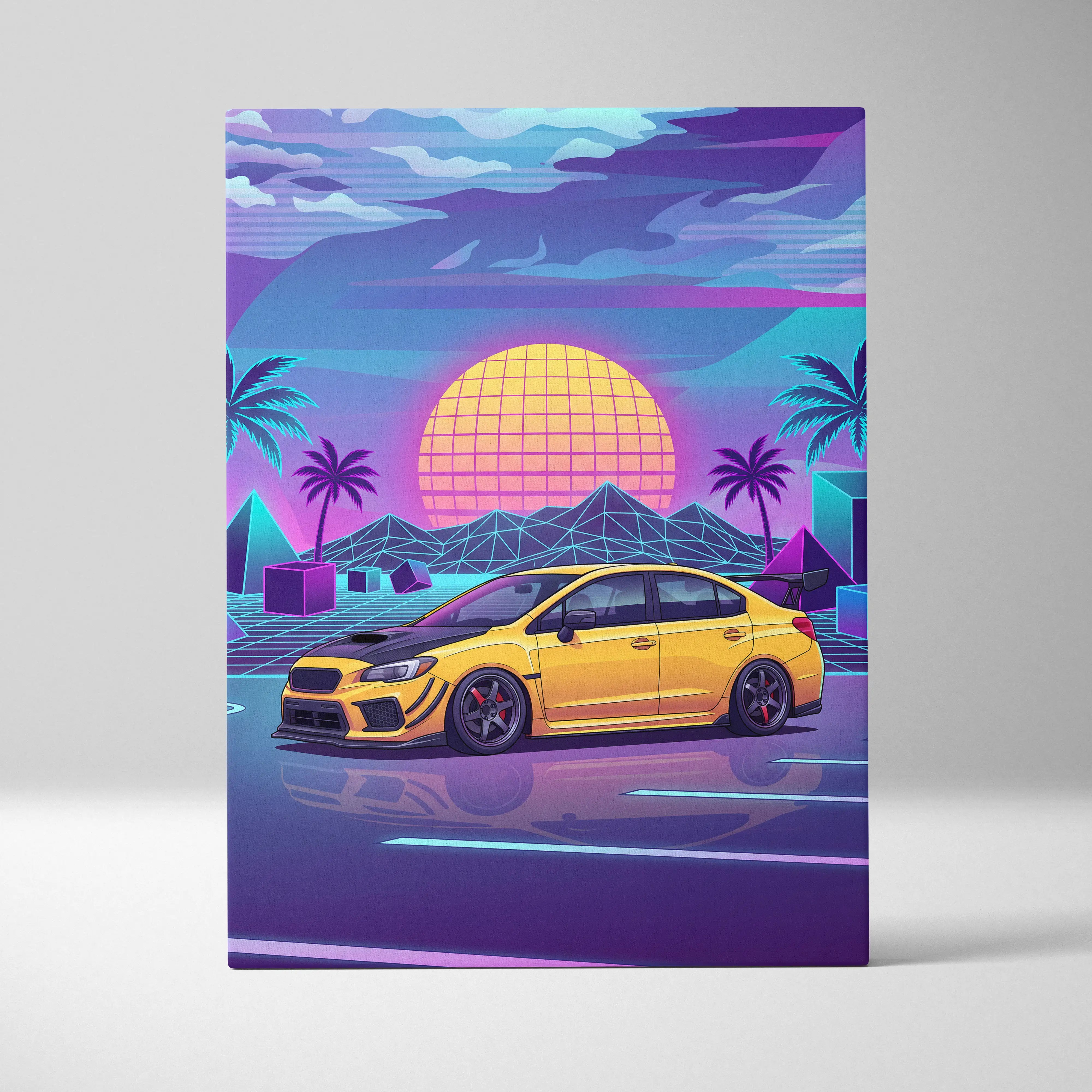 Vibrant yellow subaru wrx sti inspired sports car with black racing stripes and red wheels in neon vaporwave sunset scene