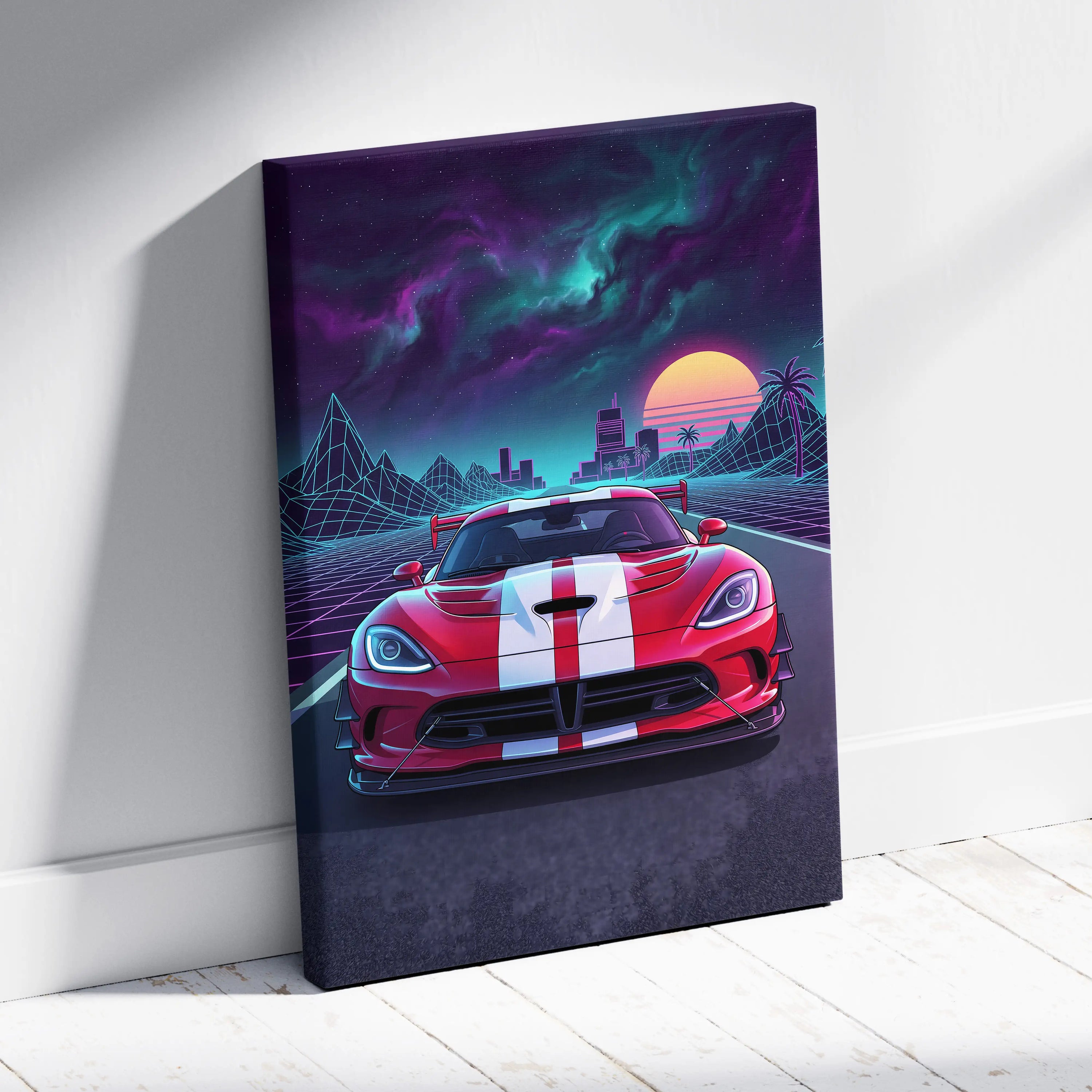 Dodge Viper ACR Inspired Neon Vaporwave Racing Canvas - Car Art Neon Pink Teal Purple For Living Room