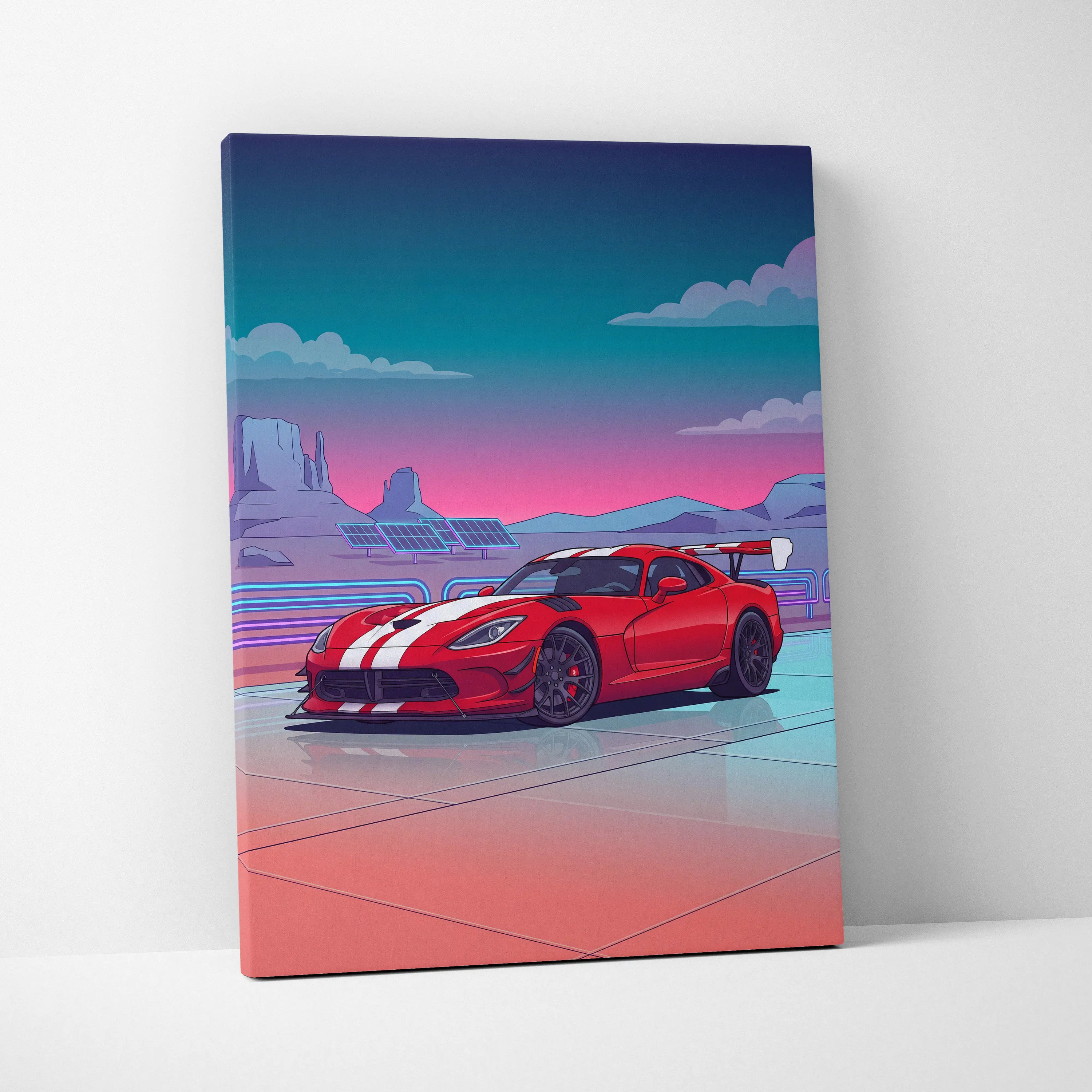 Dodge Viper ACR Inspired Neon Vaporwave Car Art - Pink Teal Car Art For Living Room Decor Retro Futurism Canvas Mood