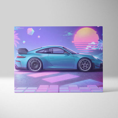 Porsche 911 GT3 Inspired Neon Vaporwave Sunset Canvas - Car Art Neon Pink Nostalgic Mood Retro Futurism Canvas