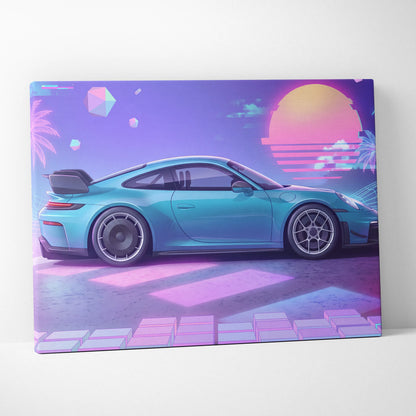 Porsche 911 GT3 Inspired Neon Vaporwave Sunset Canvas - Car Art Neon Pink Nostalgic Mood Retro Futurism Canvas