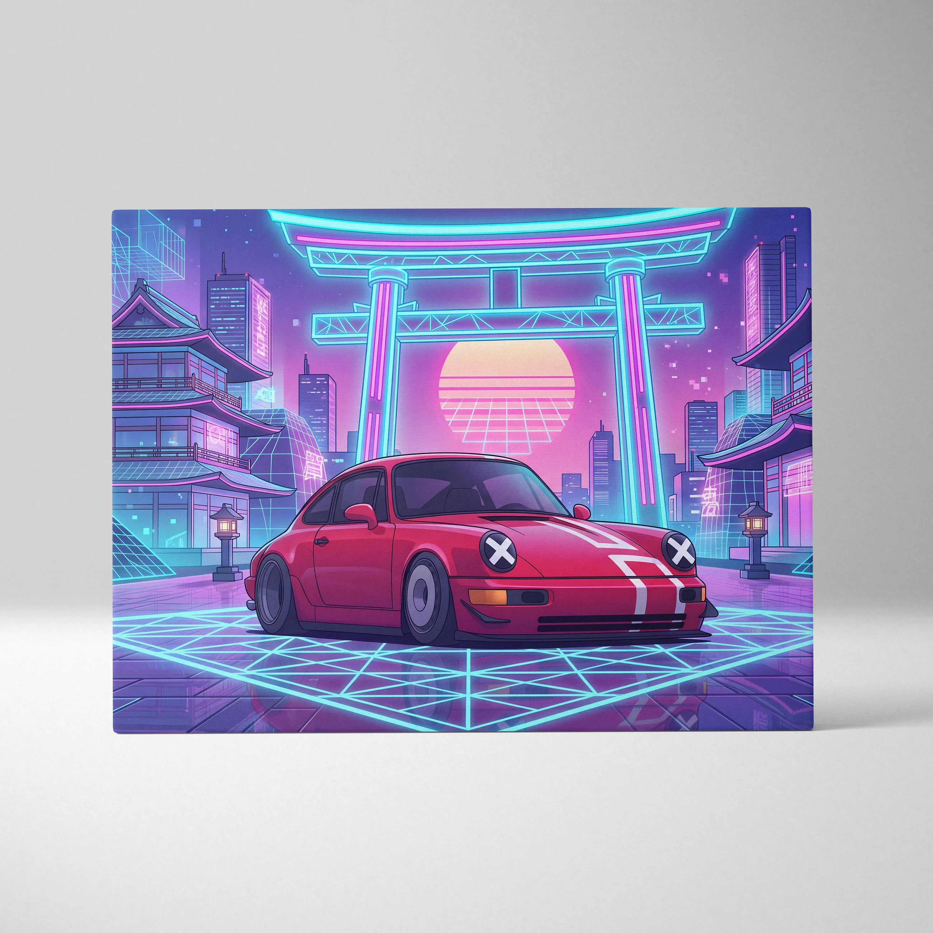 Classic Porsche 911 Inspired Neon Vapor City Drive - Car Neon Pink Blue Living Room Vaporwave Moody Retro Synthwave Canvas